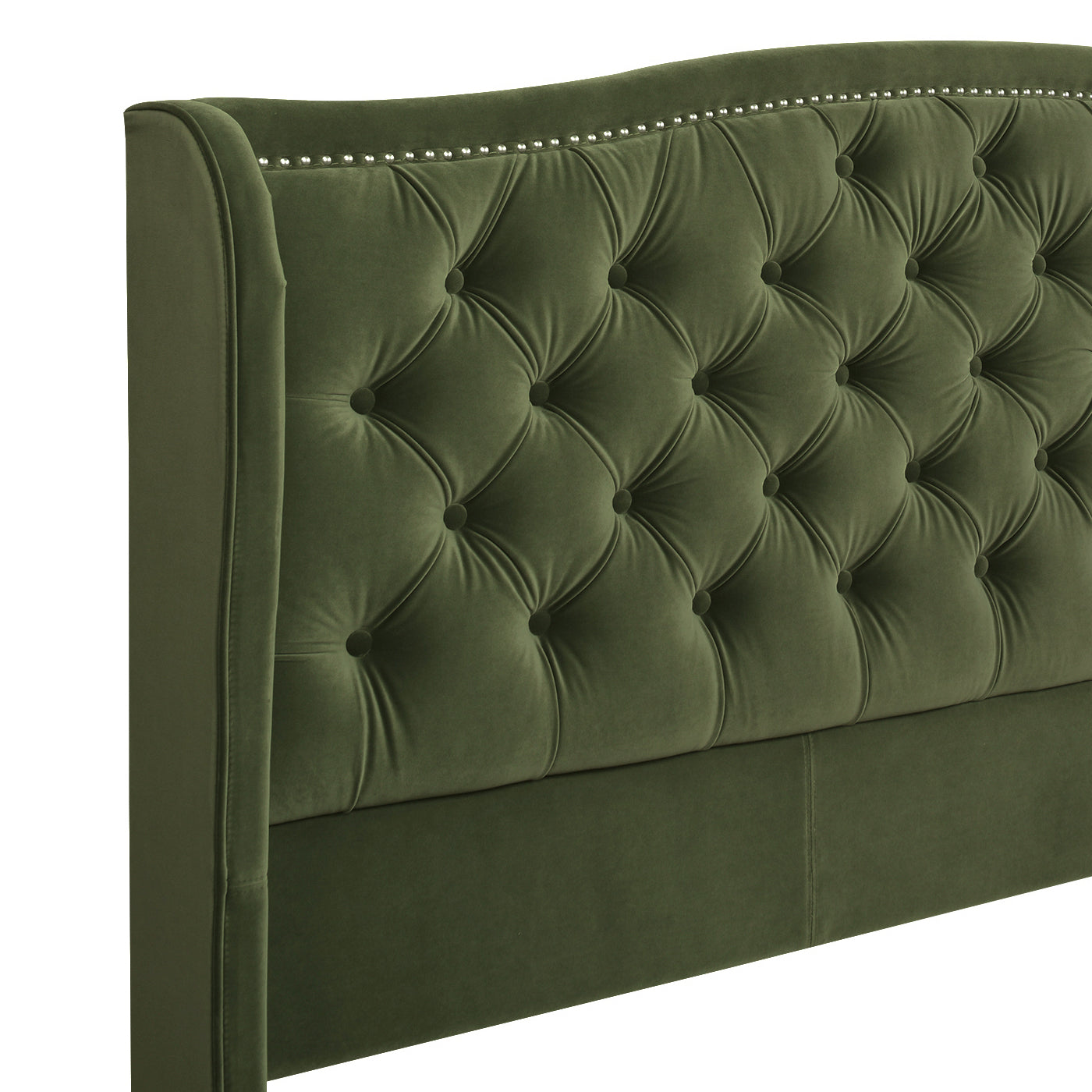 Green velvet tufted wingback headboard with silver nailhead trim