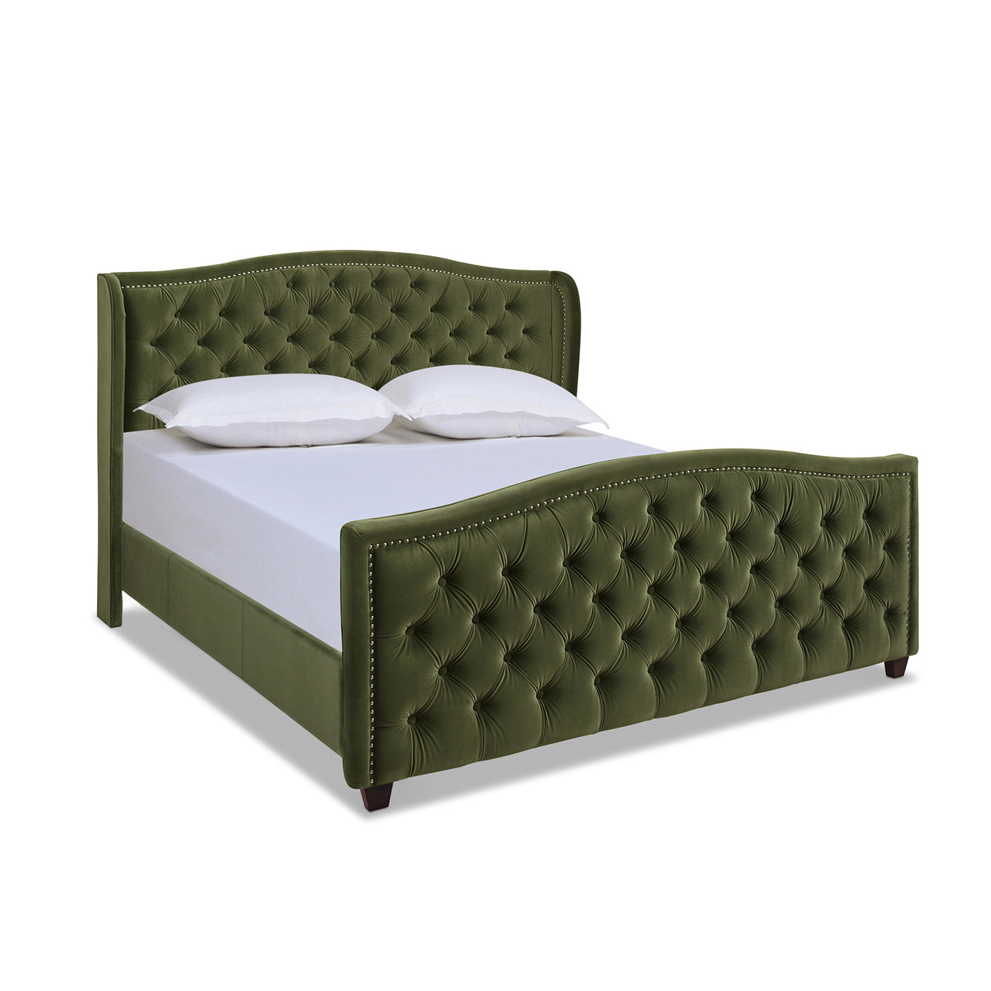 Olive green velvet tufted bed with wingback headboard and silver nailhead trim