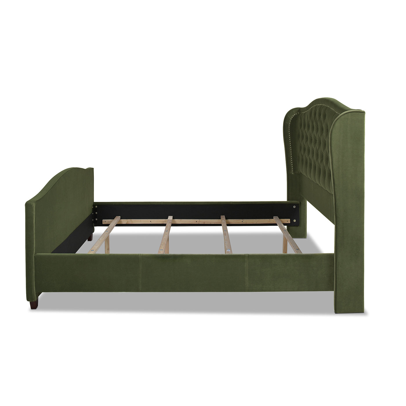 Green velvet upholstered bed frame with tufted headboard and nailhead trim