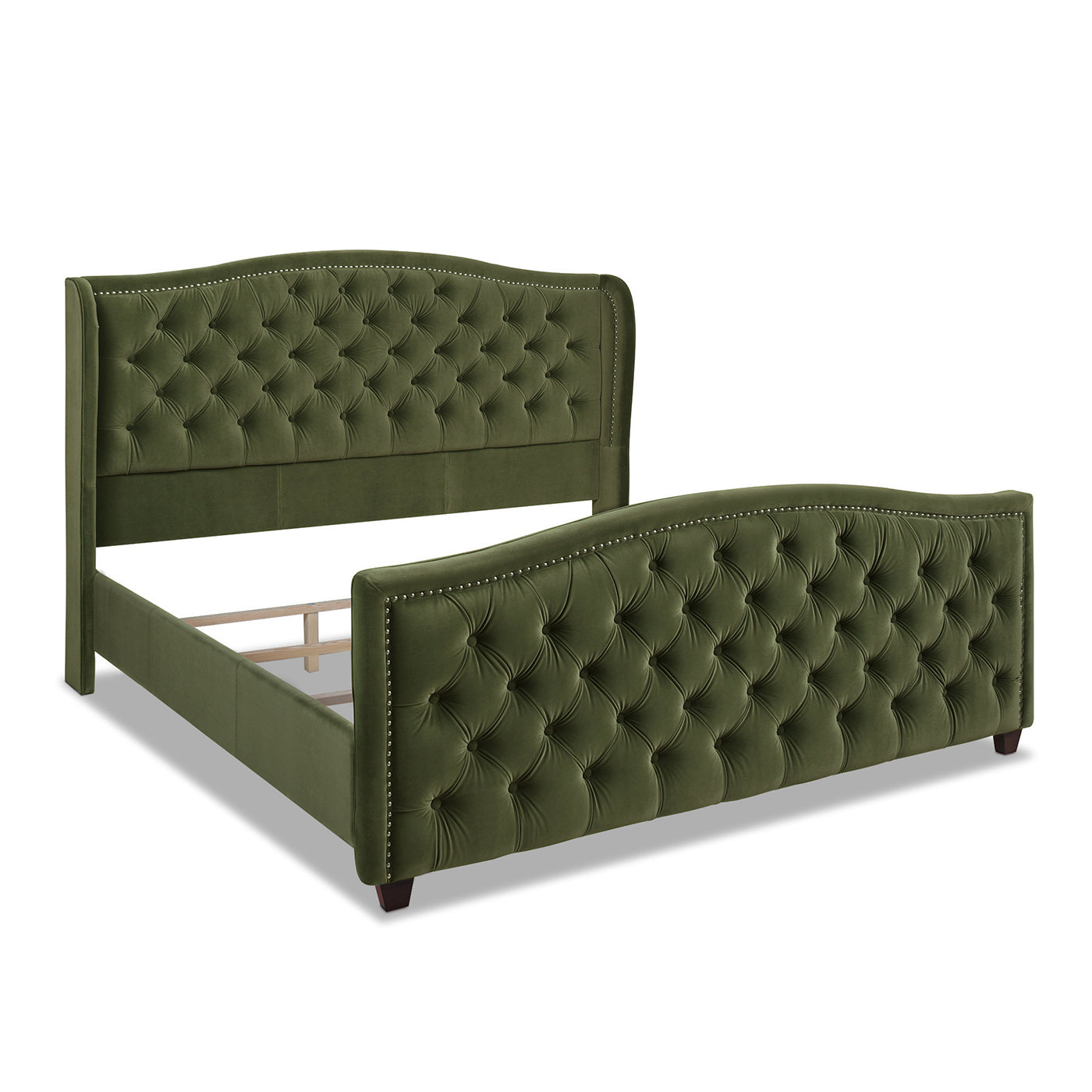 Olive green velvet tufted wingback bed frame with nailhead trim