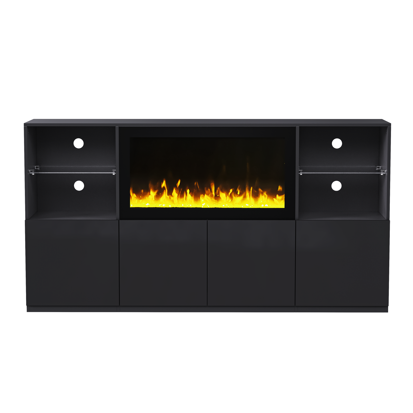 Black media console with electric fireplace