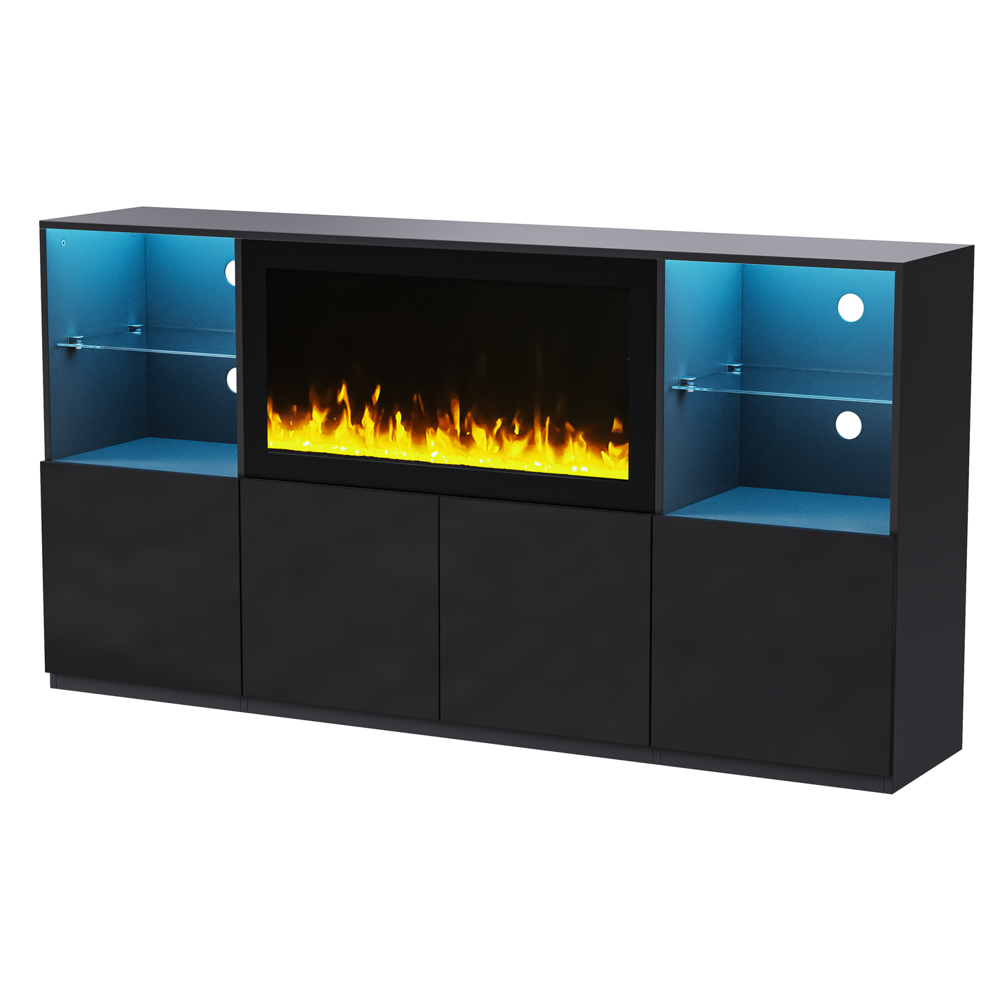 Black media console with electric fireplace and blue LED lighting