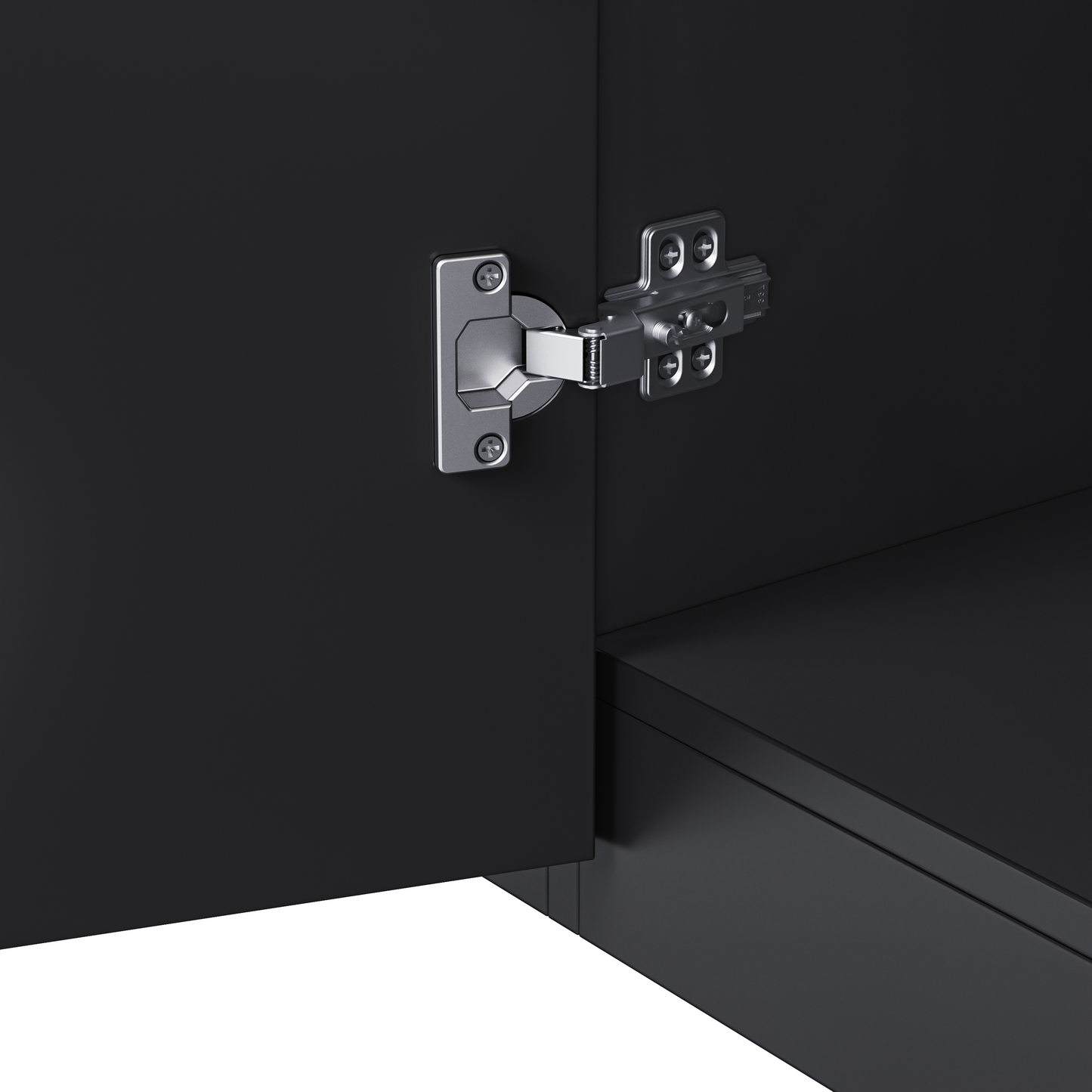 Black cabinet door with visible chrome cabinet hinge