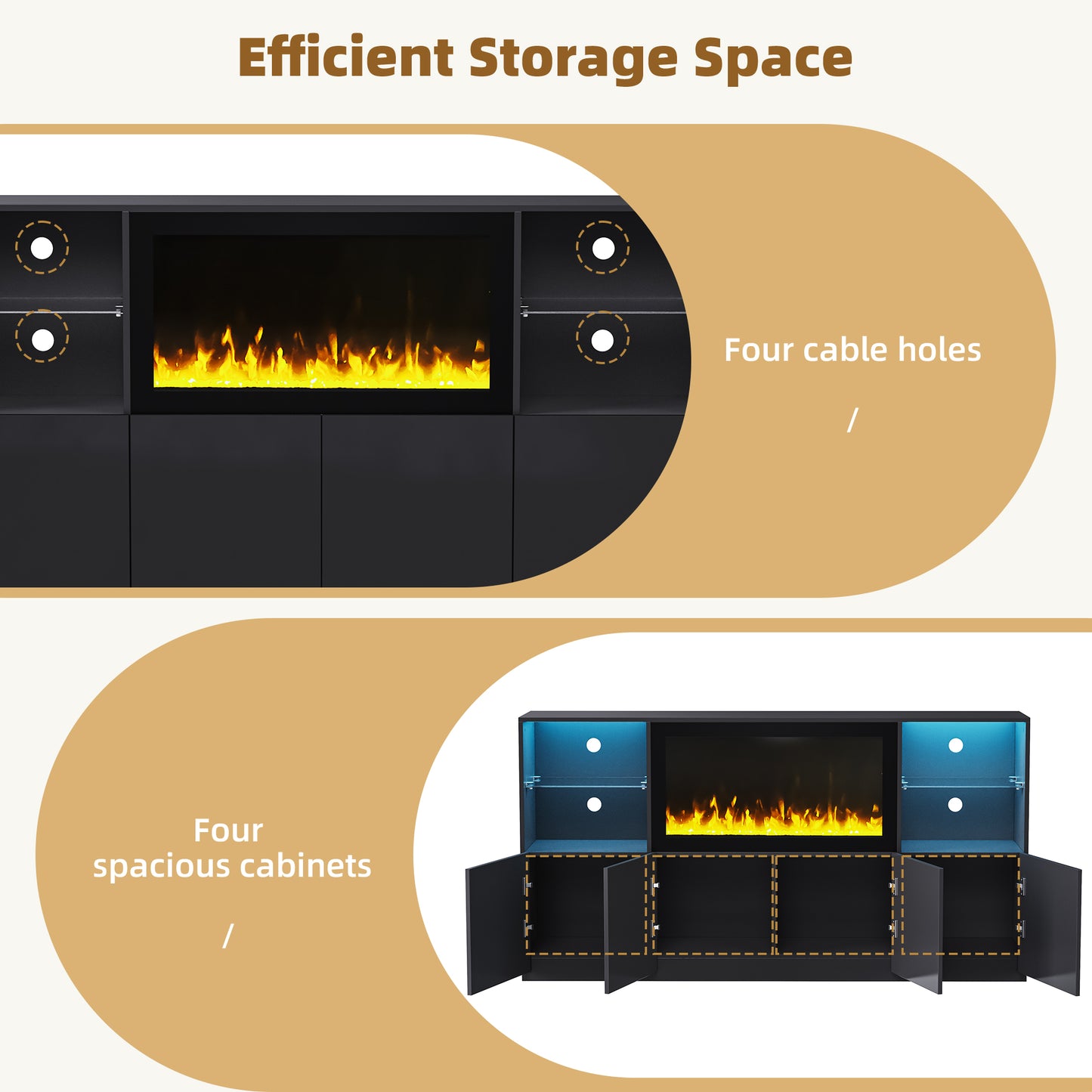 Black media console with electric fireplace and four spacious cabinets