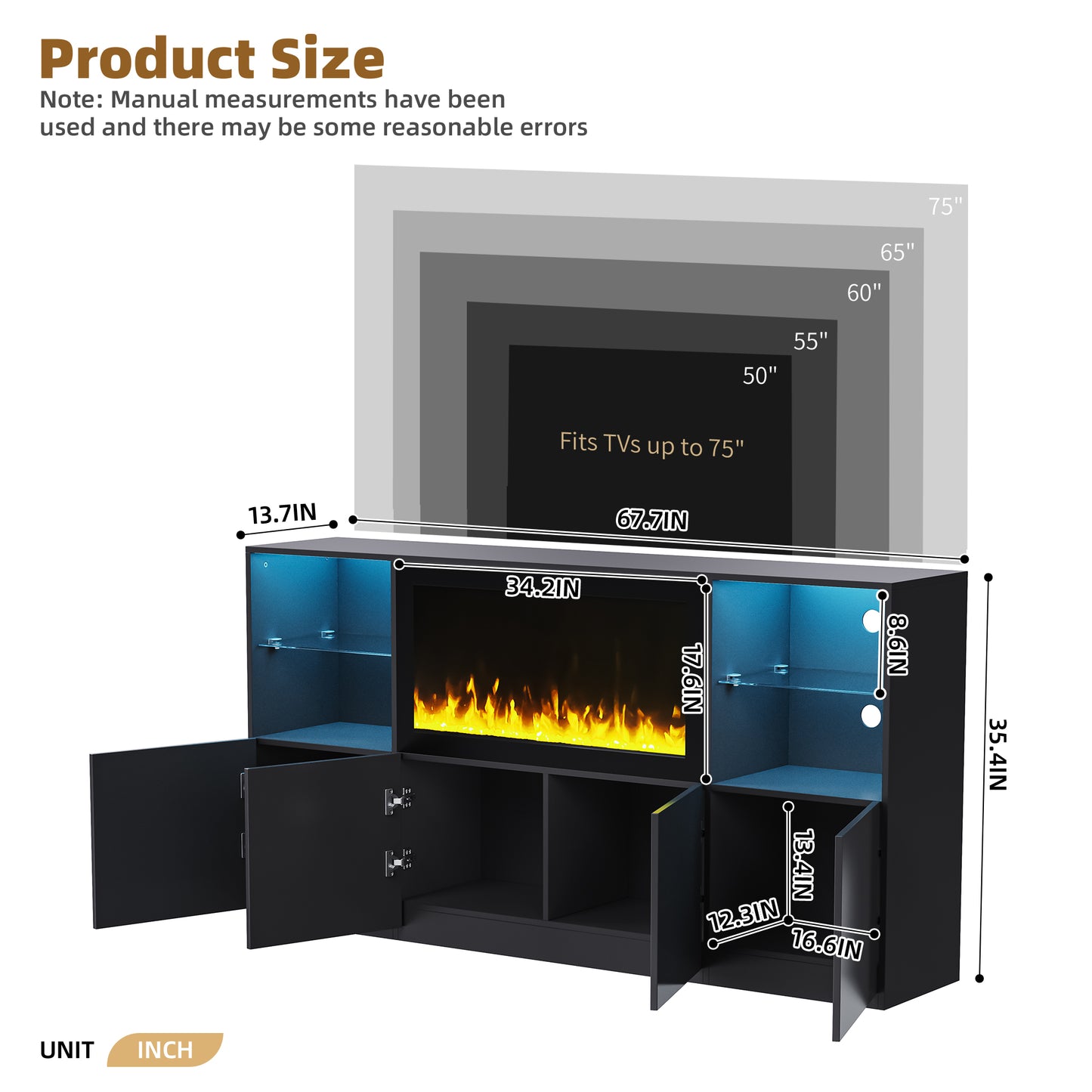 Black media console with electric fireplace and LED lighting in wide