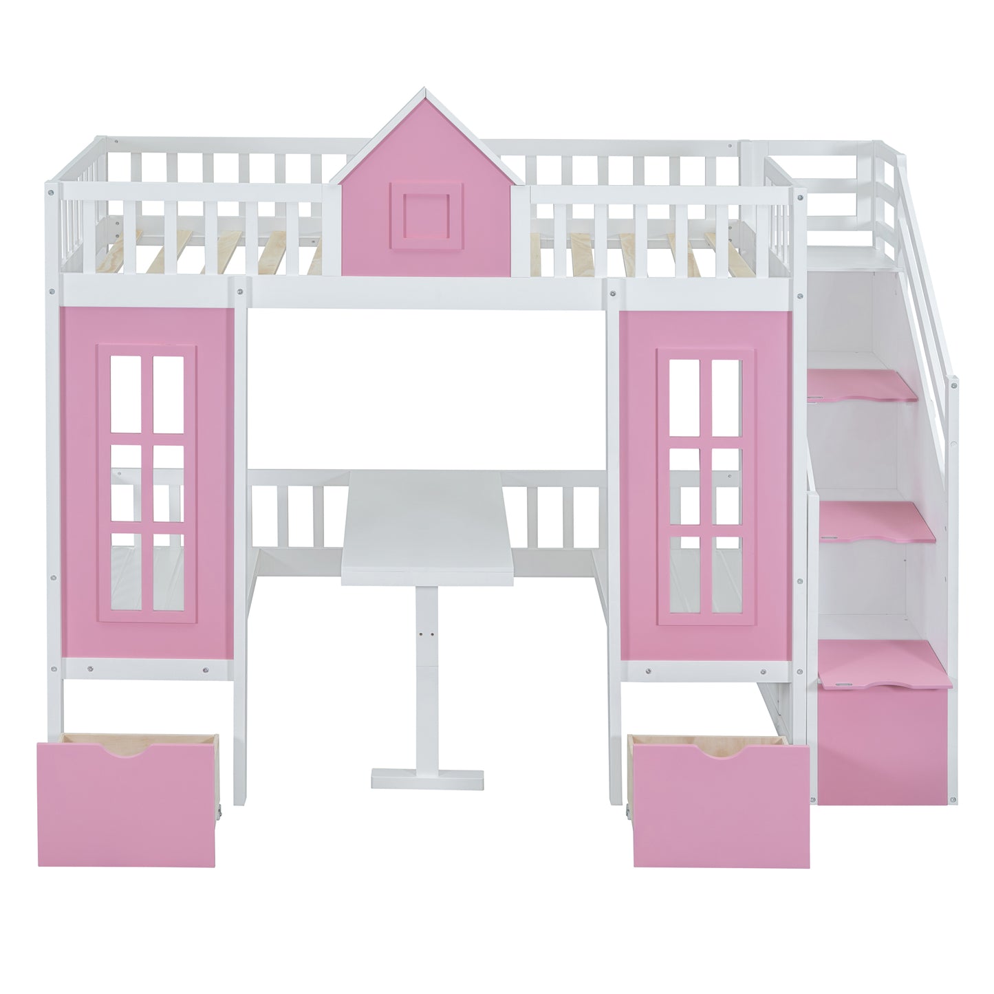 White and pink loft bed with integrated desk and drawers for kids