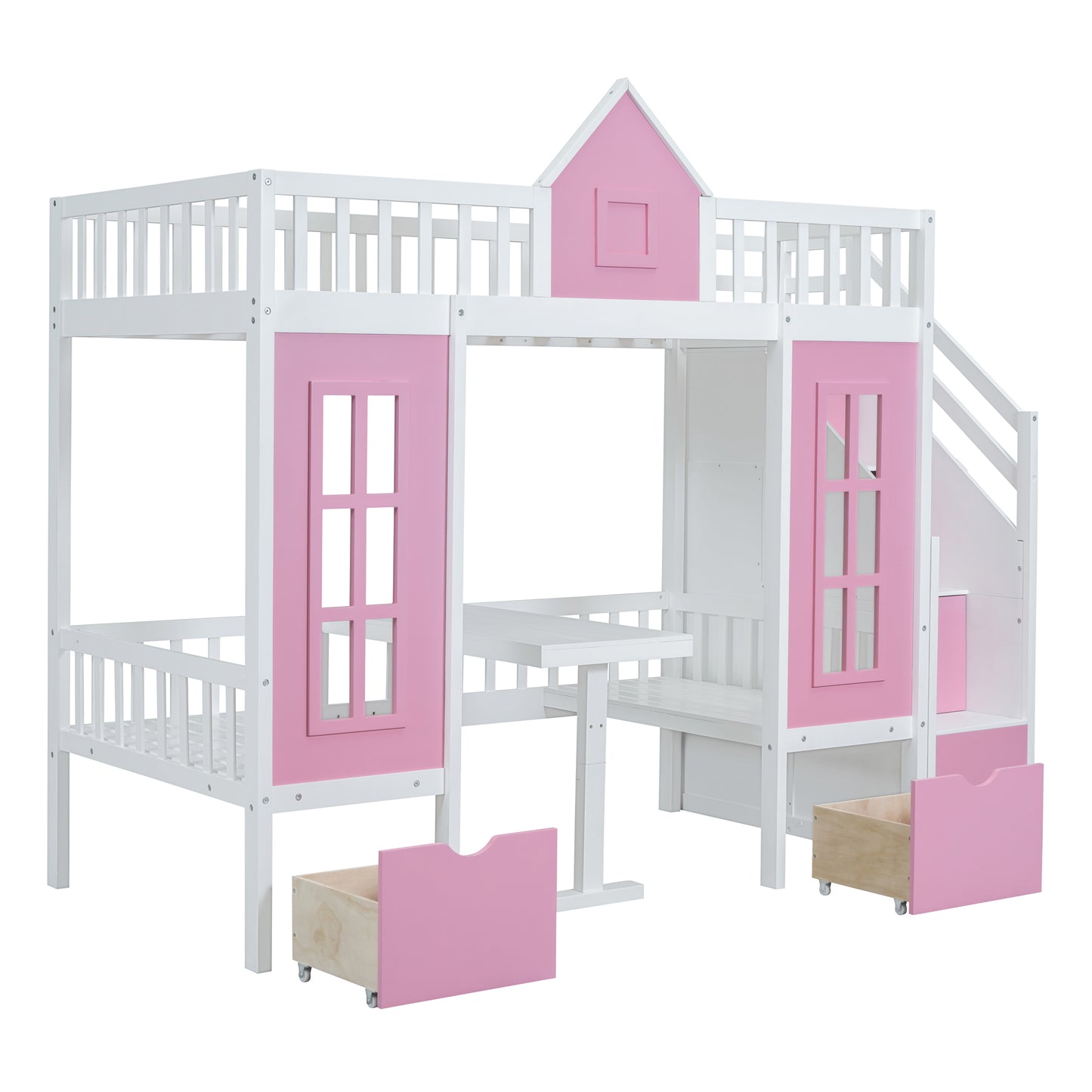White and pink bunk bed with stairs and desk for kids