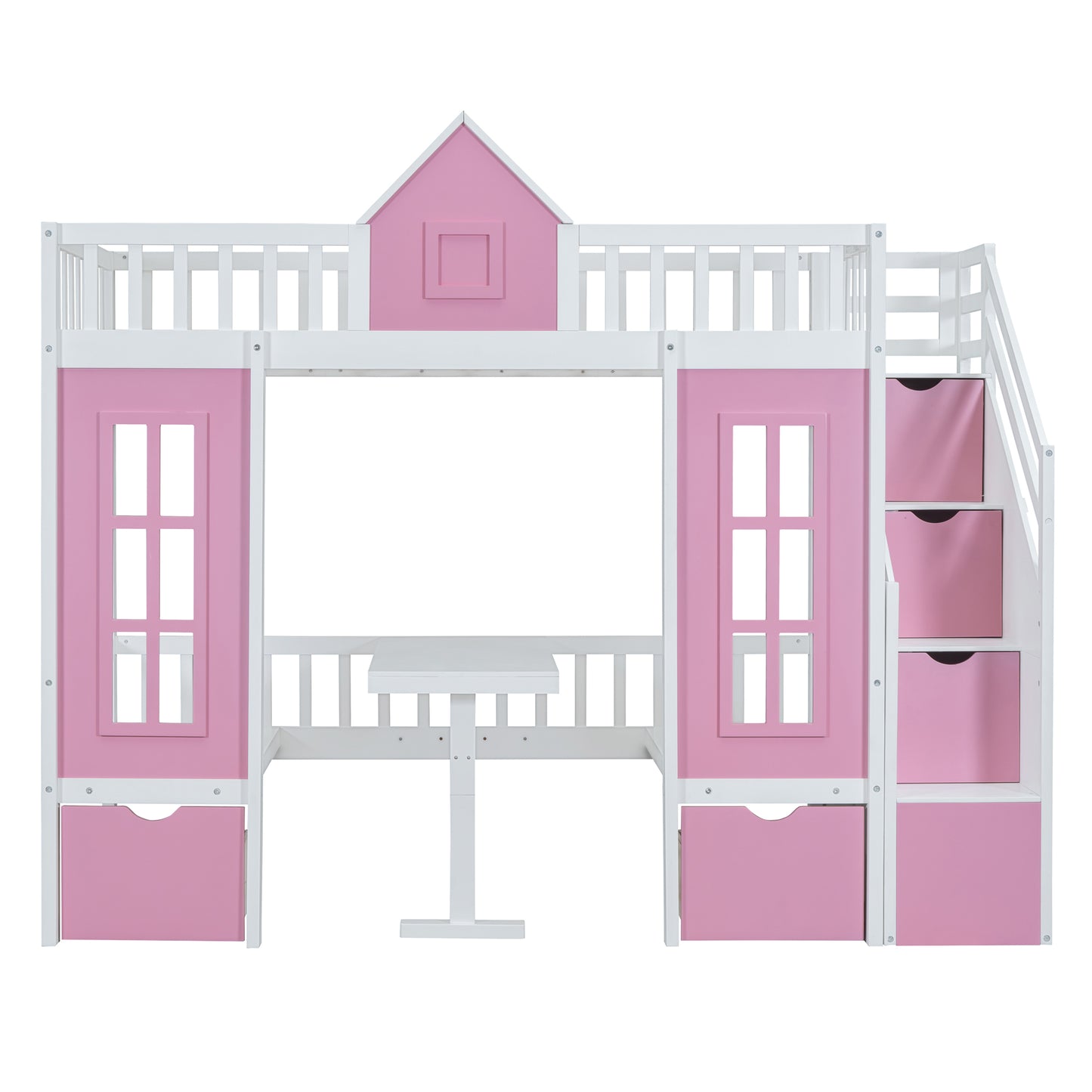 Pink and white twin loft bed with desk and storage drawers