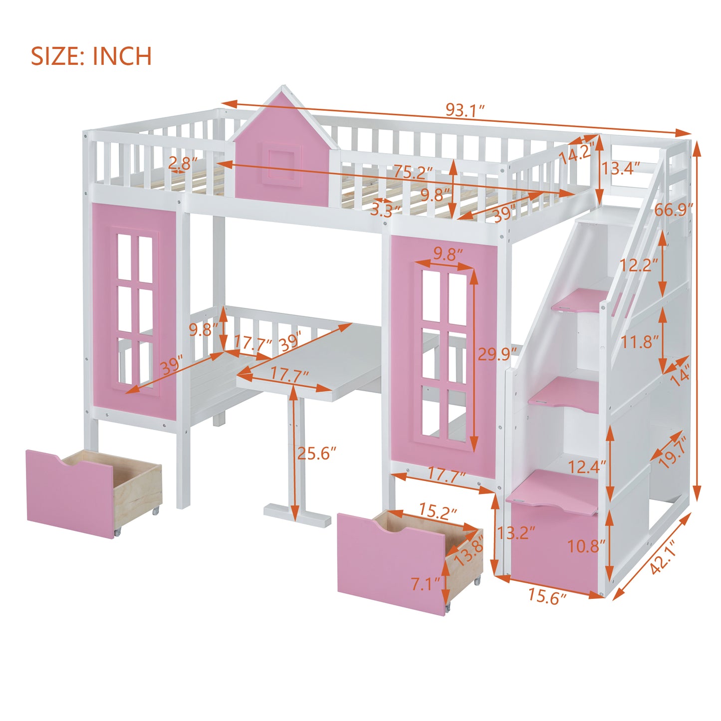White and pink twin loft bed with desk and storage drawers