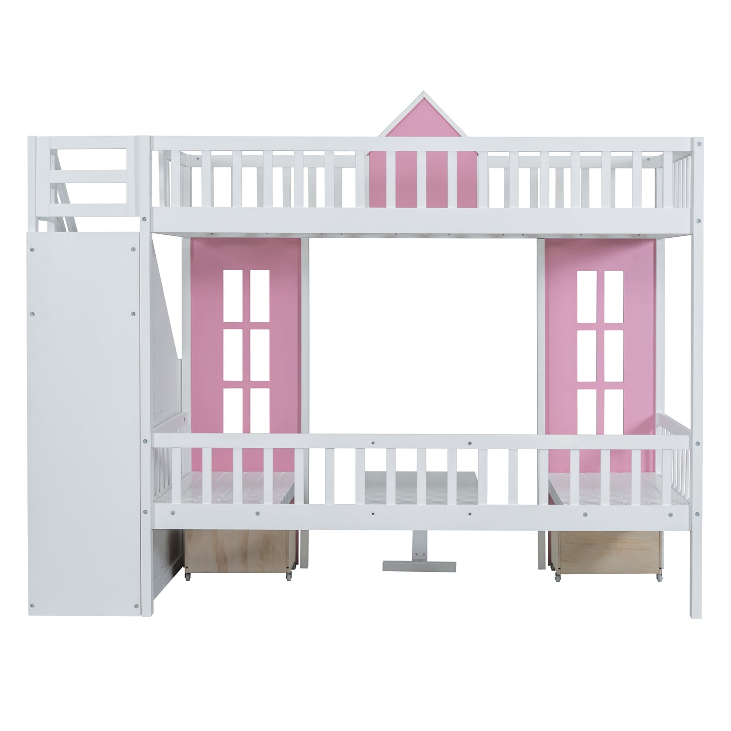 White wooden bunk bed with pink door accents and ladder