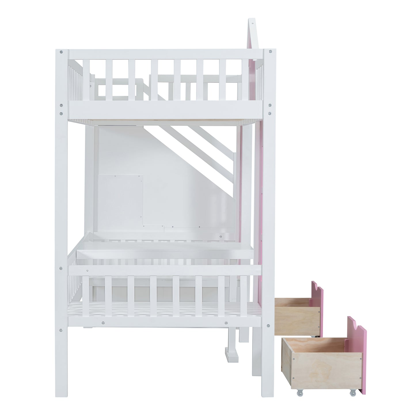 White wooden bunk bed with pink accents and storage drawers