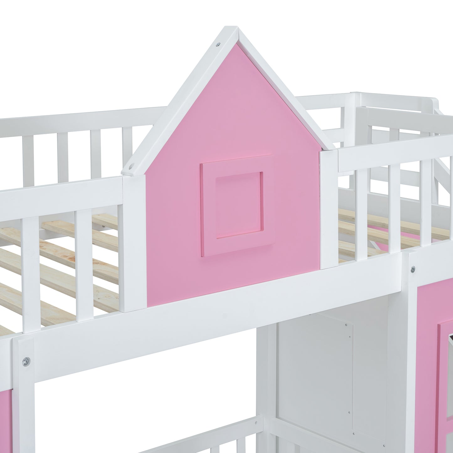 White and pink wooden twin bunk bed with houseshaped details