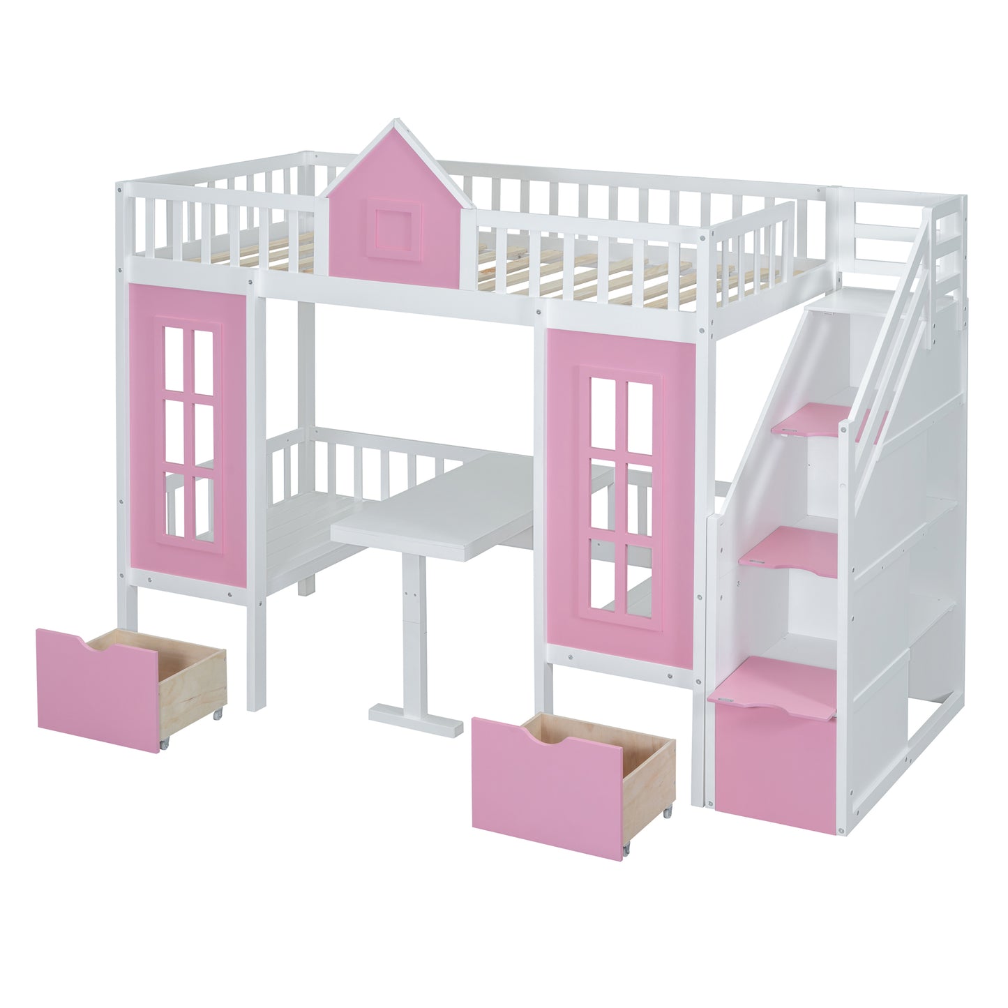 White and pink loft bed with integrated desk and stairs