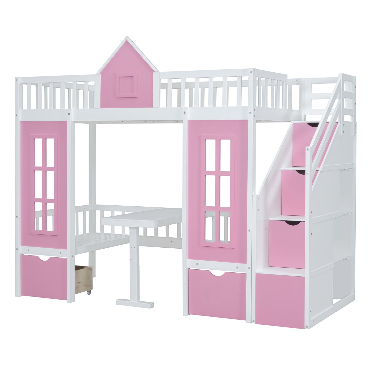 White and pink wooden loft bed with stairs and desk