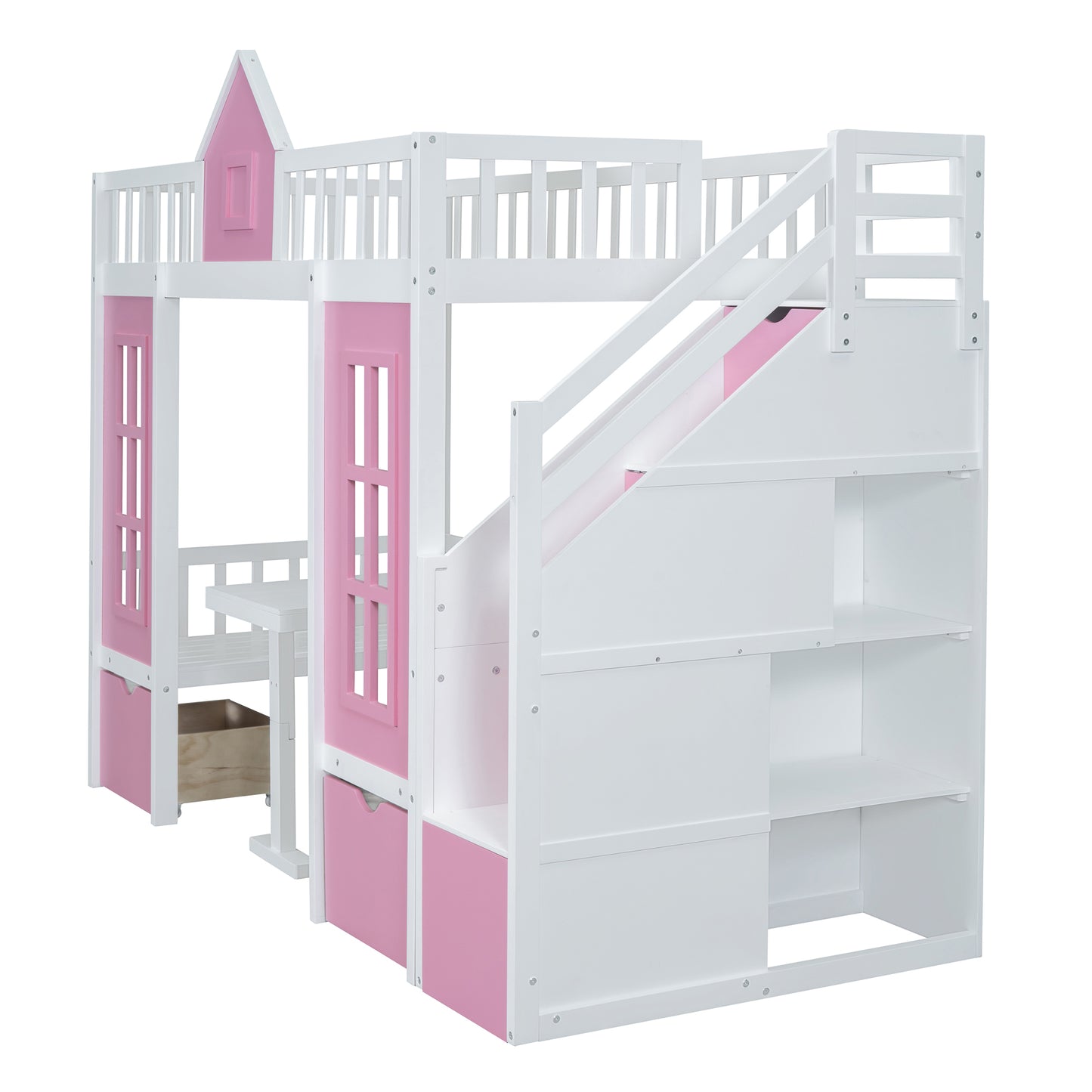 White and pink loft bed with desk and storage shelves