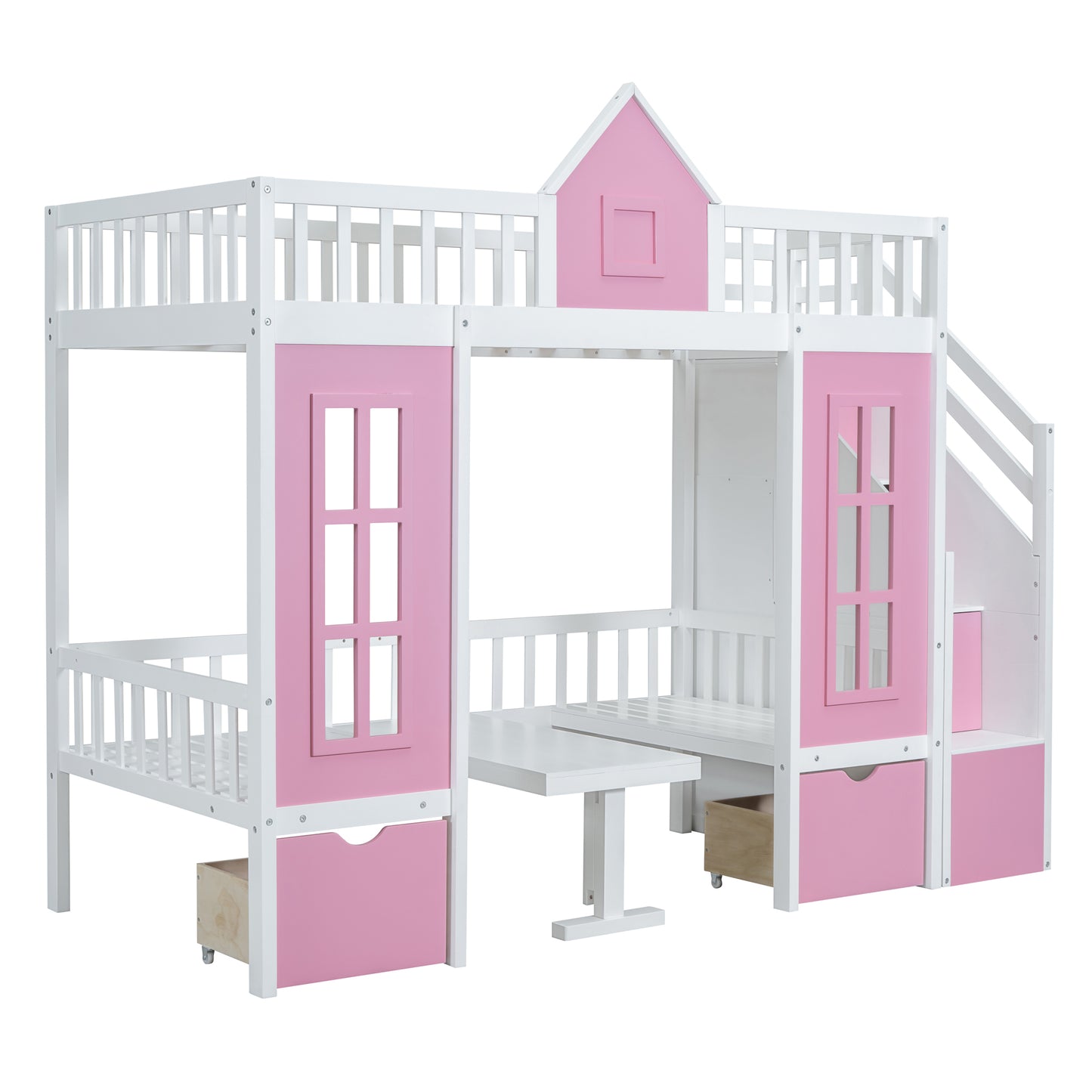 White and pink wooden loft bed with stairs