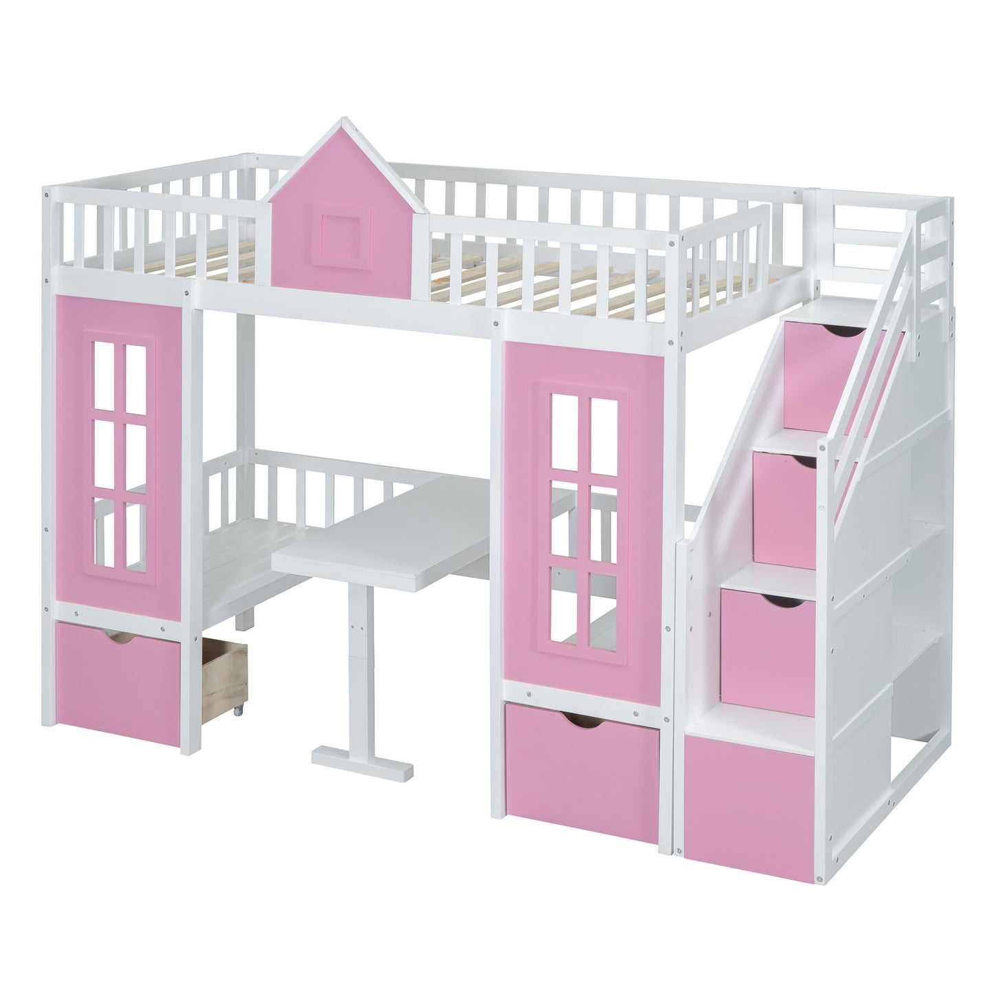 White and pink wooden loft bed with desk