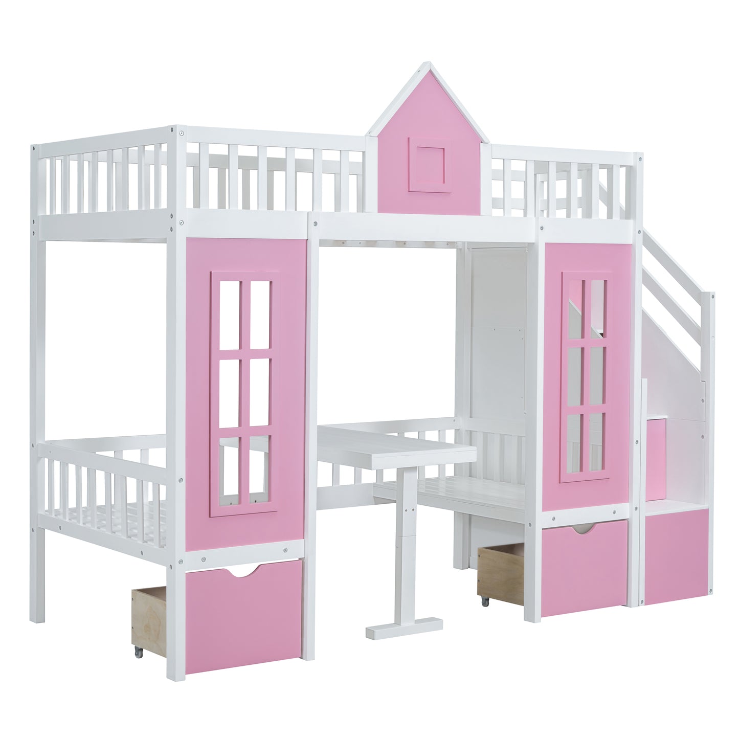 White and pink wooden loft bed with desk and storage drawers for kids