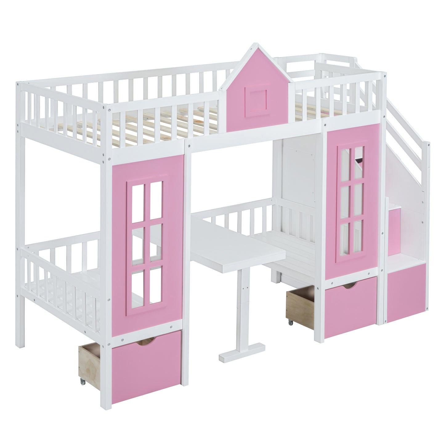 White and pink wooden loft bed with integrated desk and storage drawers for kids
