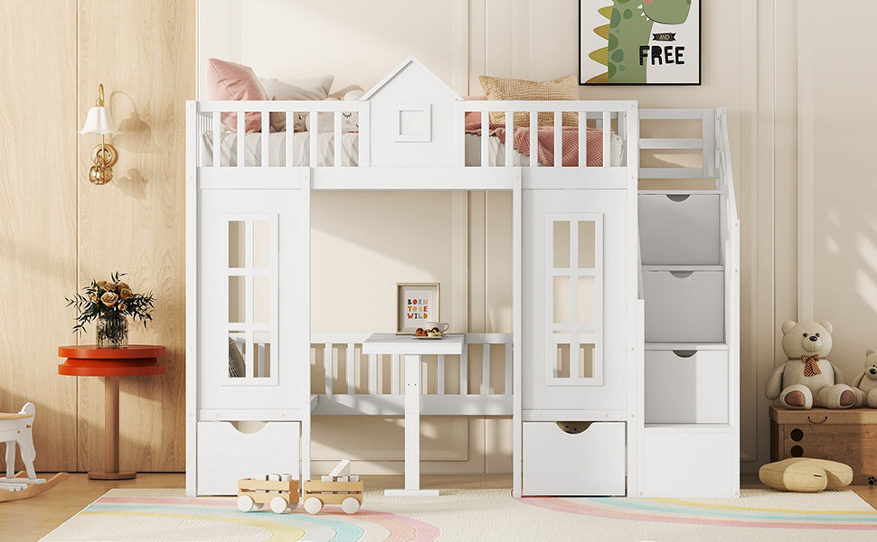 White wooden loft bed with stairs and storage drawers