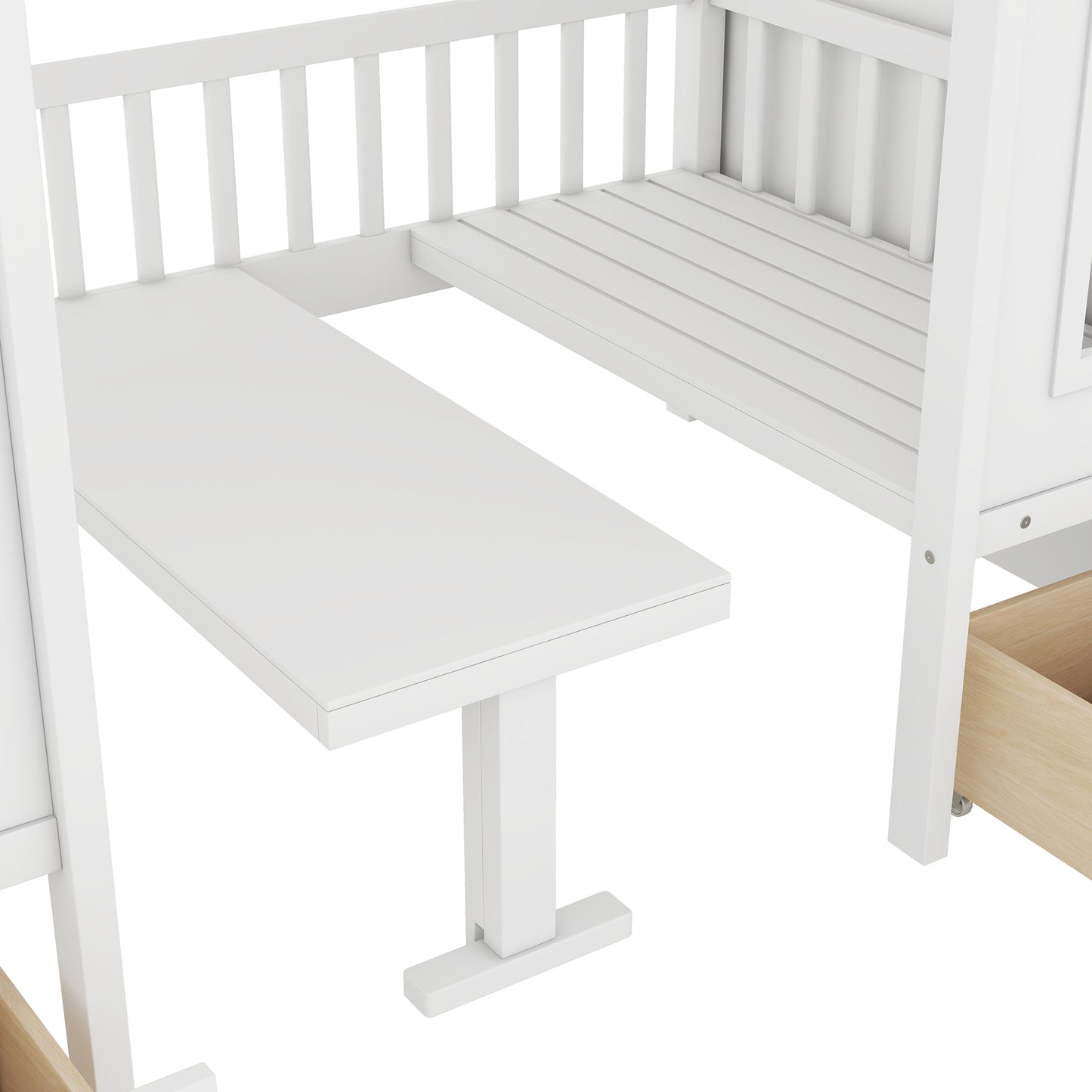 White loft bed with integrated desk and drawer