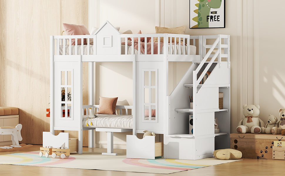 White wooden twin over twin bunk bed with houseshaped top