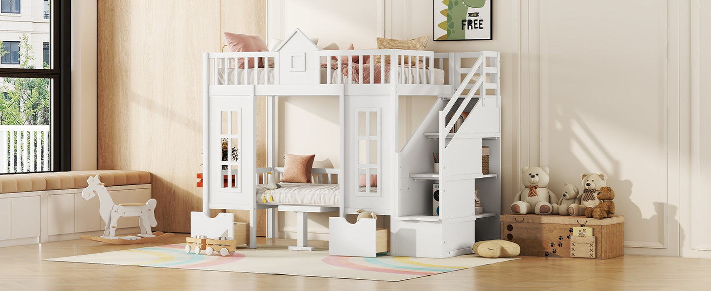 White wooden twin over twin bunk bed with stairs and storage