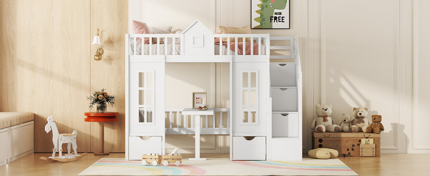 White wooden loft bed with stairs and desk for kids