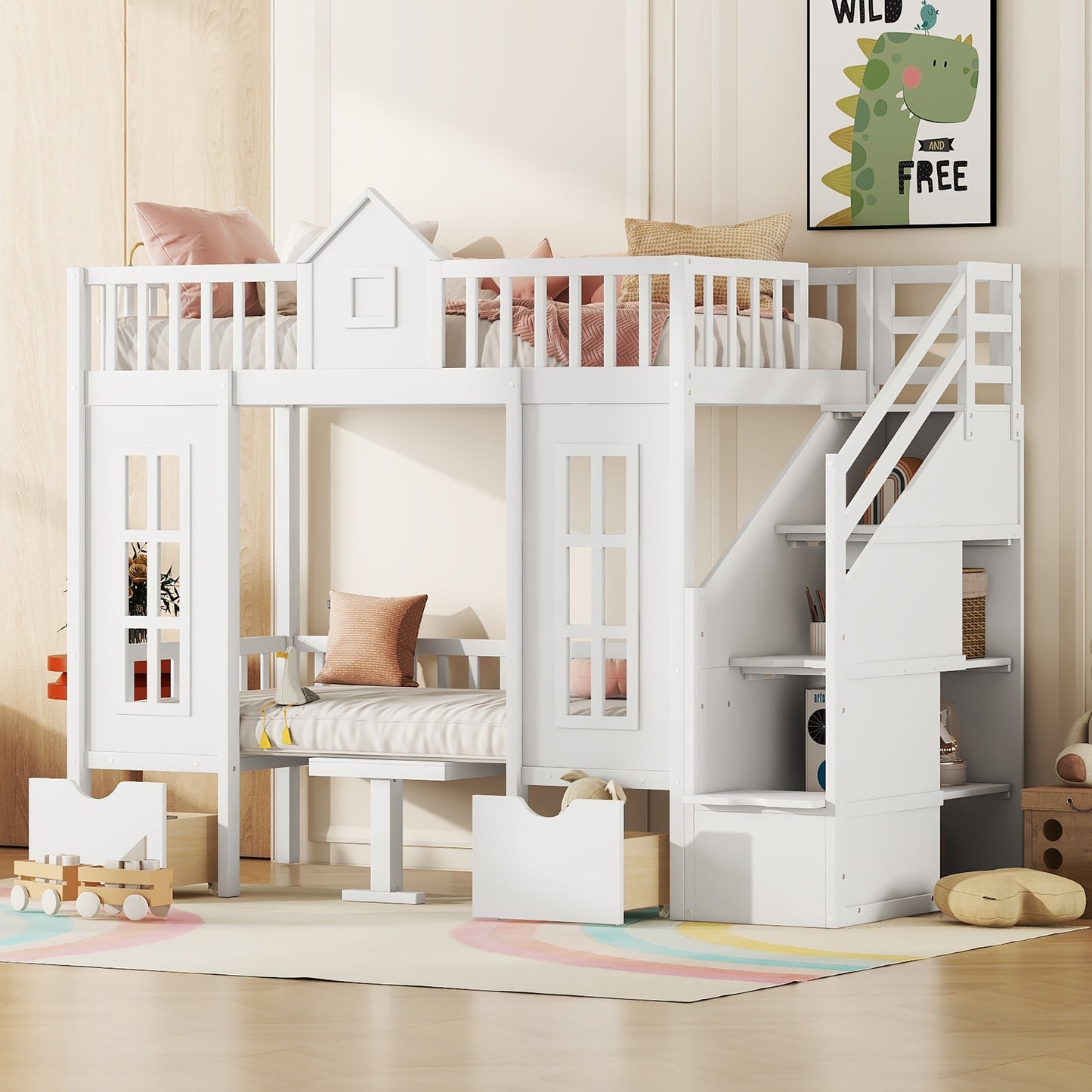White wooden houseshaped bunk bed with stairs for kids room