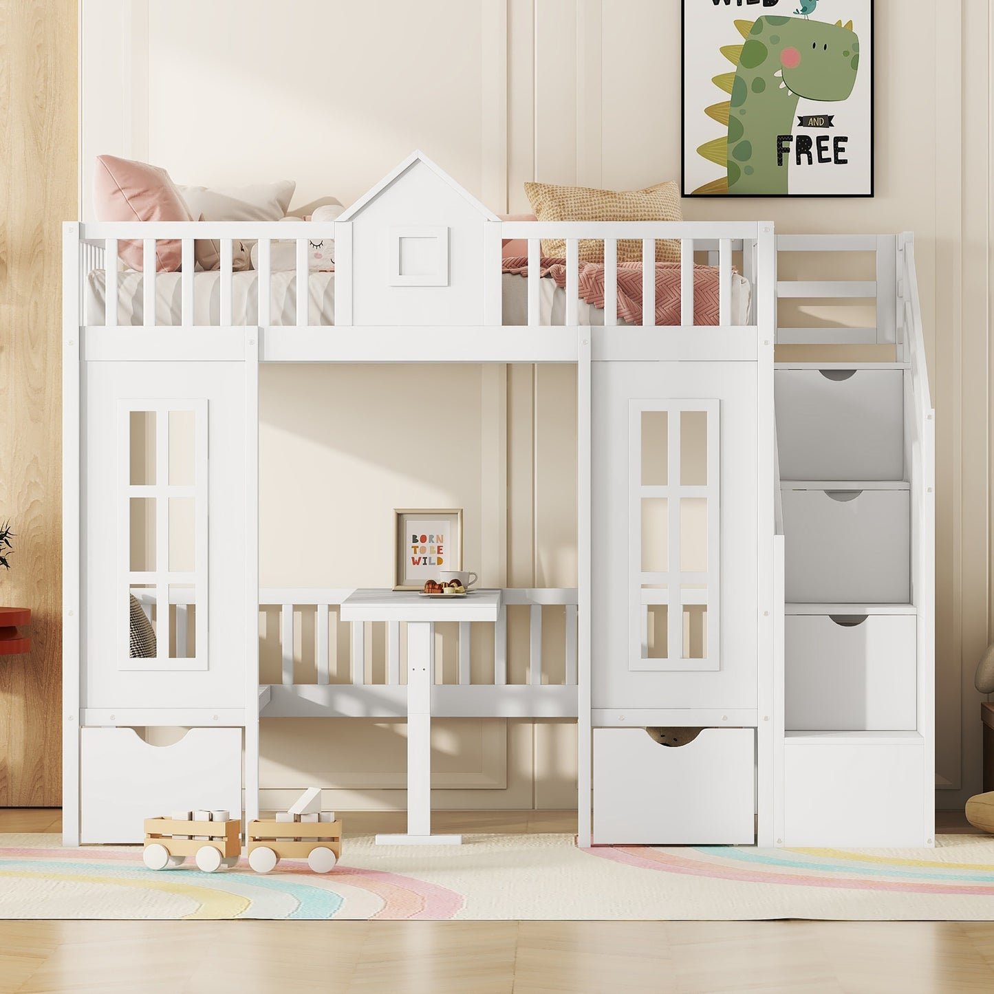 White wooden loft bed with houseshaped frame and desk