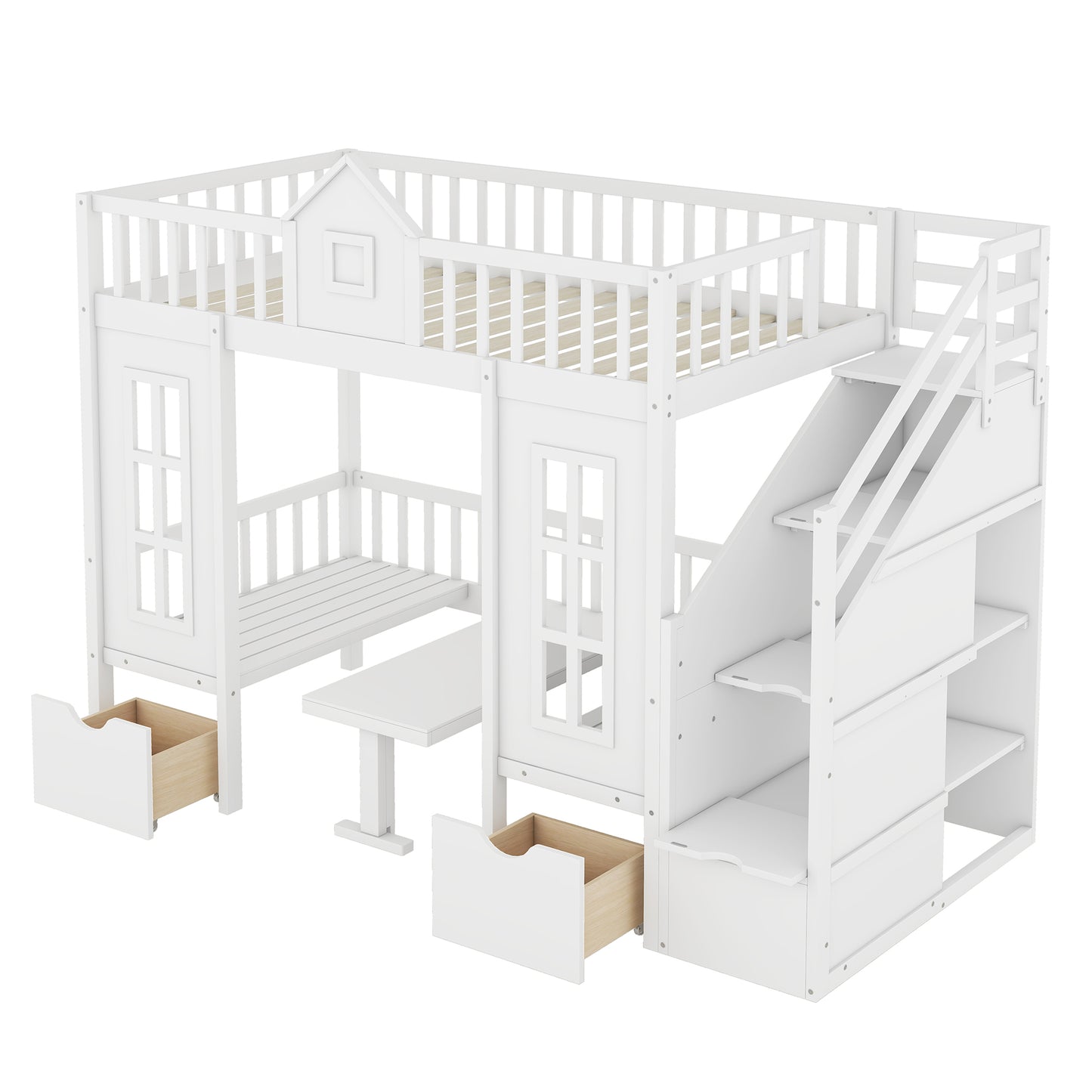 White wooden loft bed with integrated desk and drawers