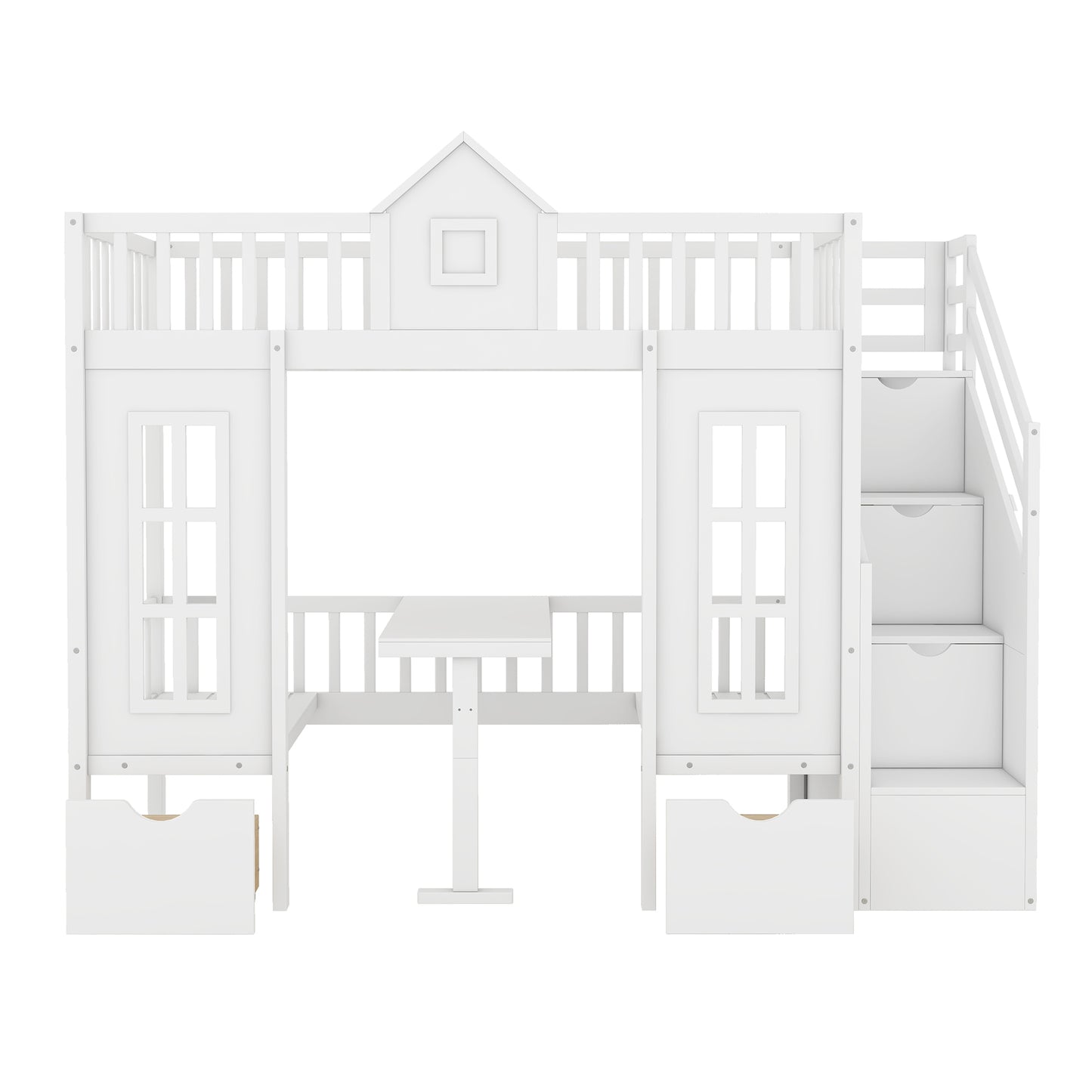 White wooden loft bed with integrated desk and stairs