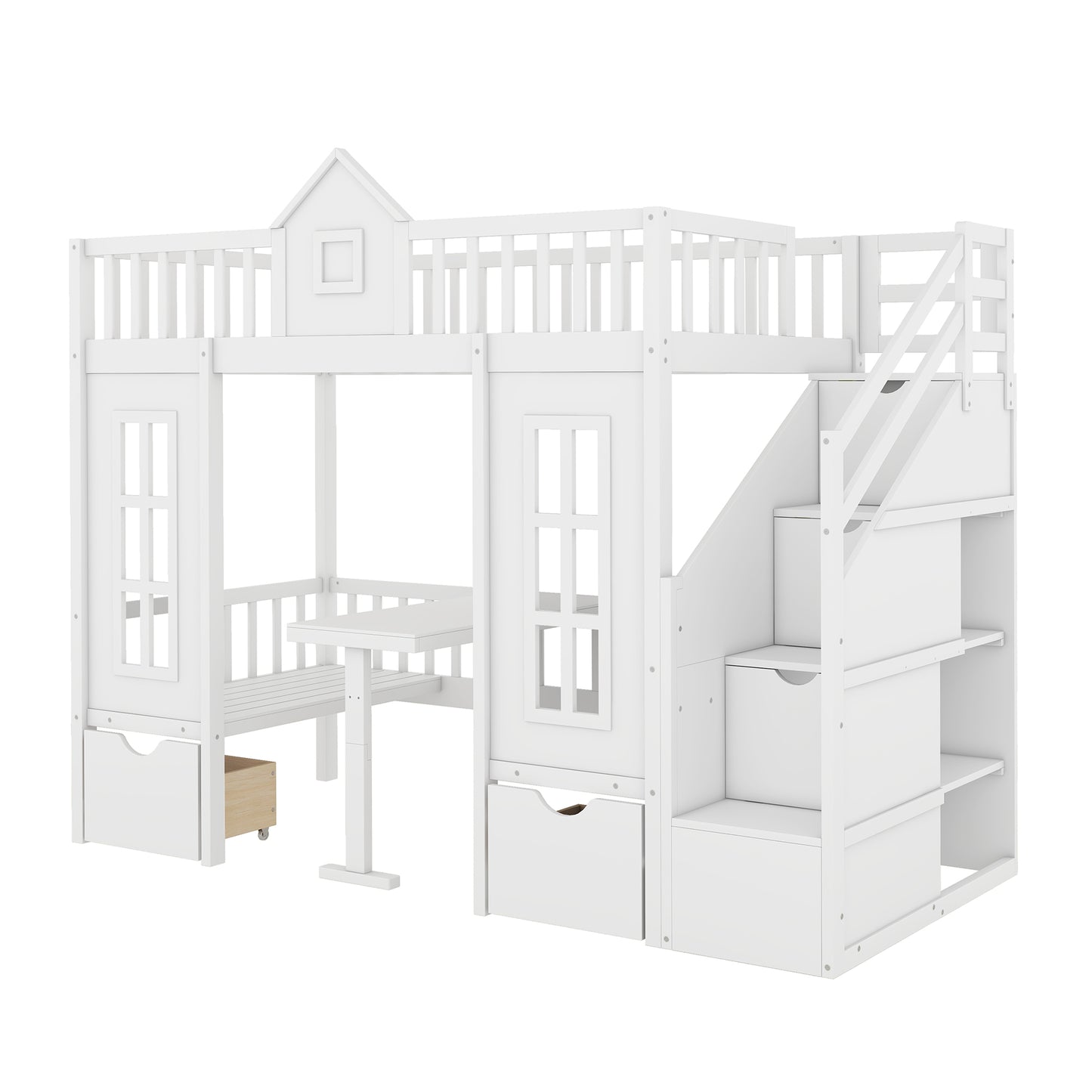 White wooden loft bed with stairs desk and storage for childrens room