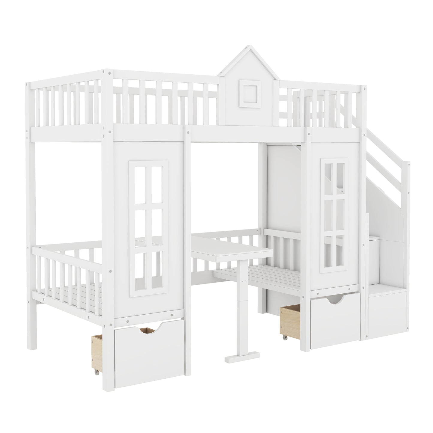White wooden loft bed with integrated desk and drawers