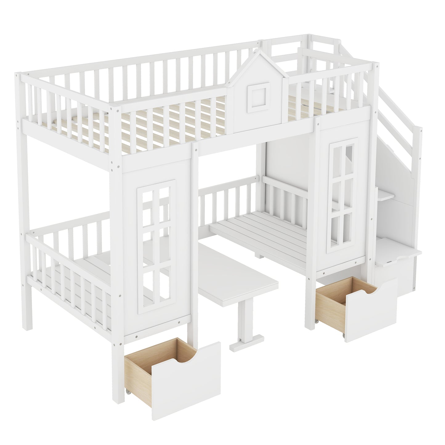 White wooden twin over twin bunk bed with stairs slide desk and drawers