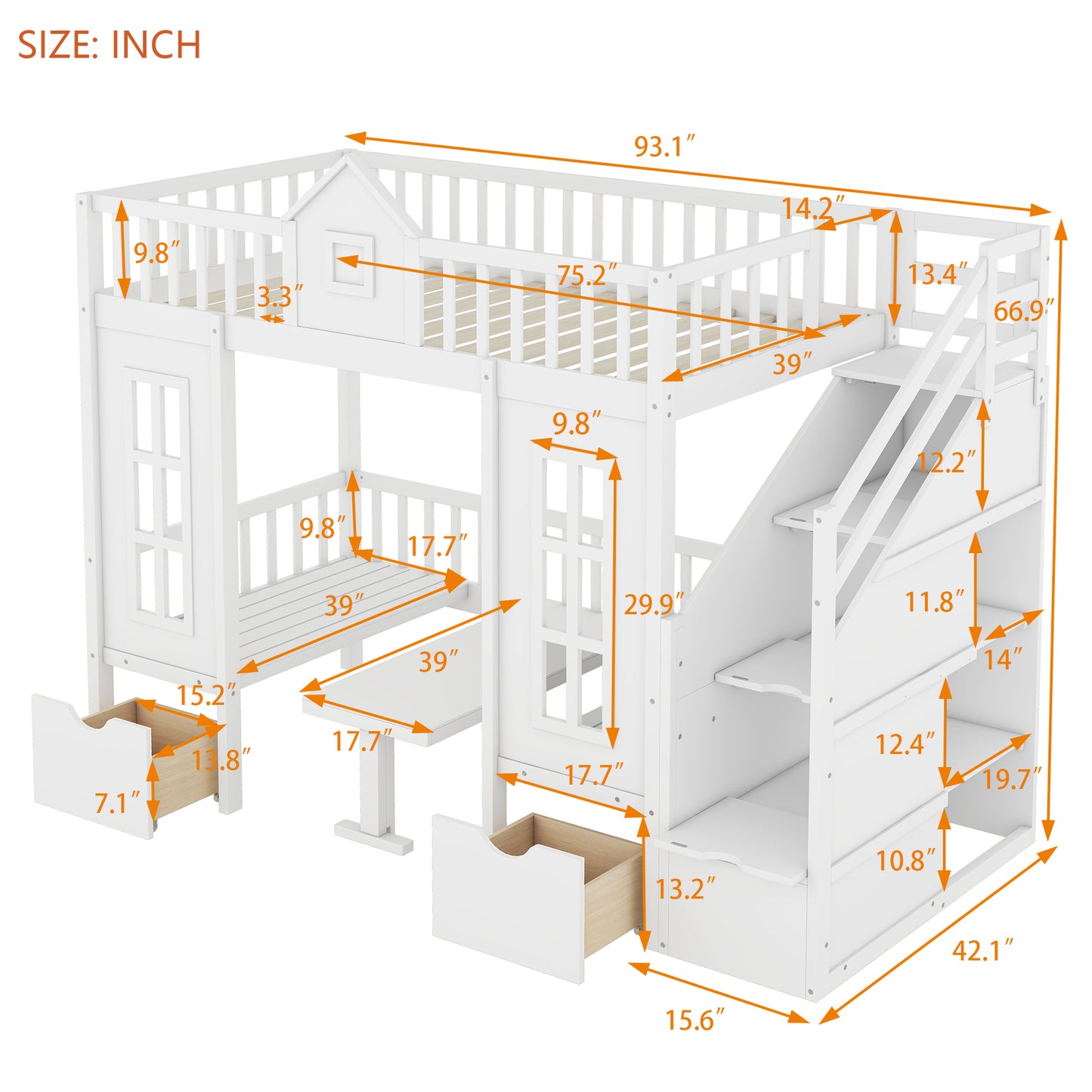 White wooden bunk bed with builtin desk and storage drawers for kids room