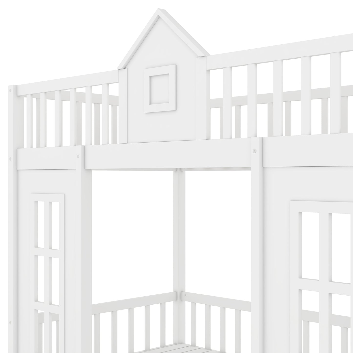 White wooden bunk bed with houseshaped roof detail