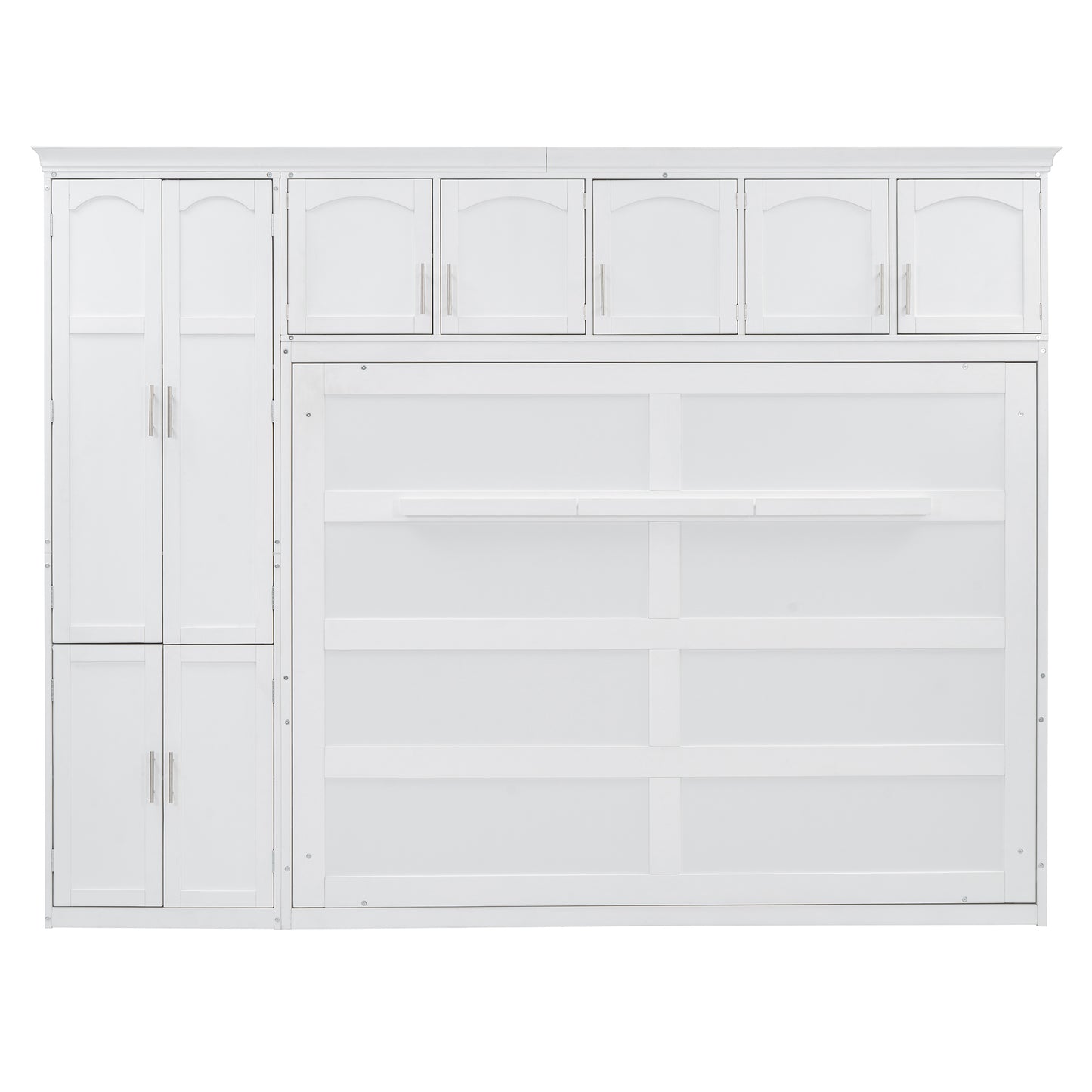 White Murphy bed cabinet with arched doors and silver handles