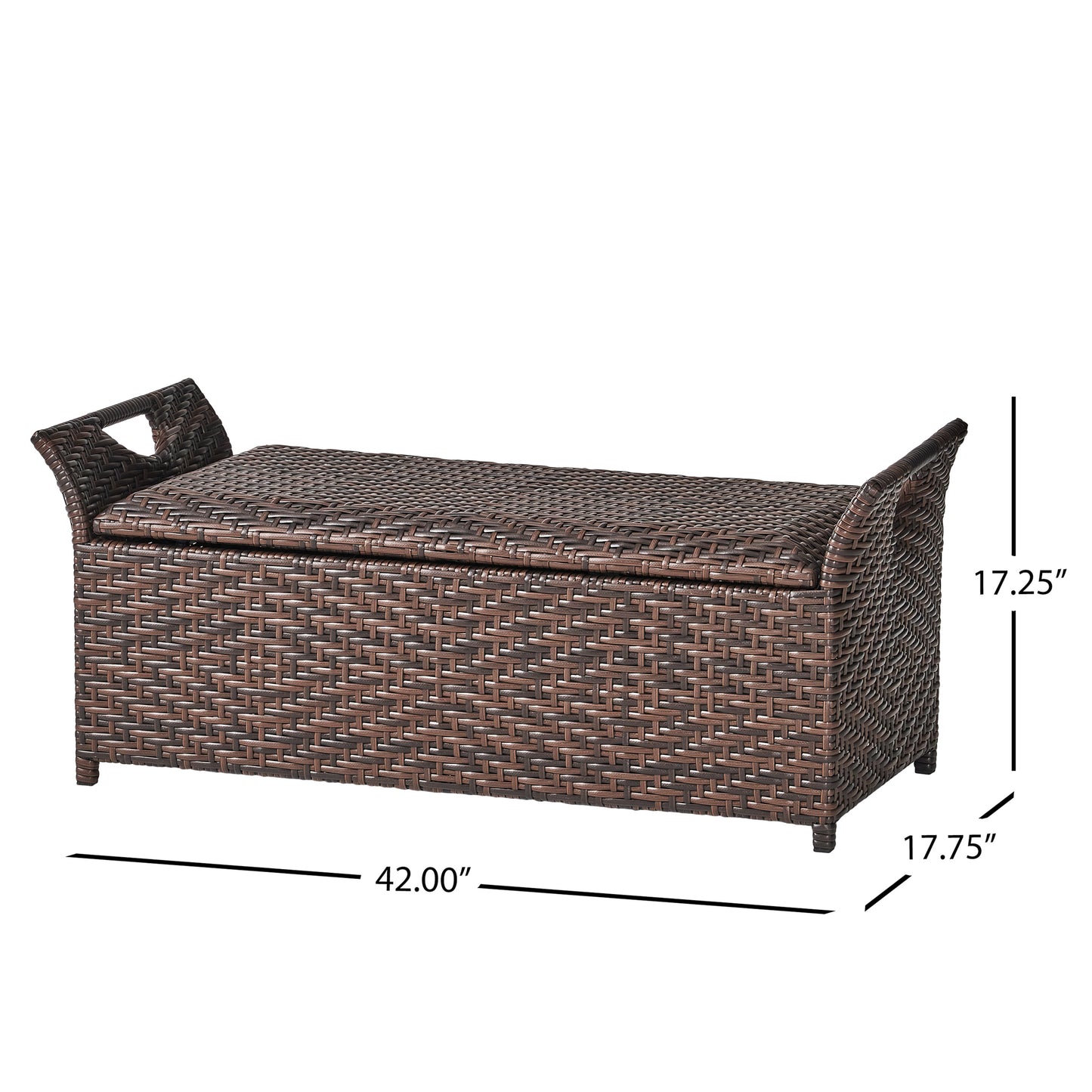 Brown wicker patio storage bench with handles