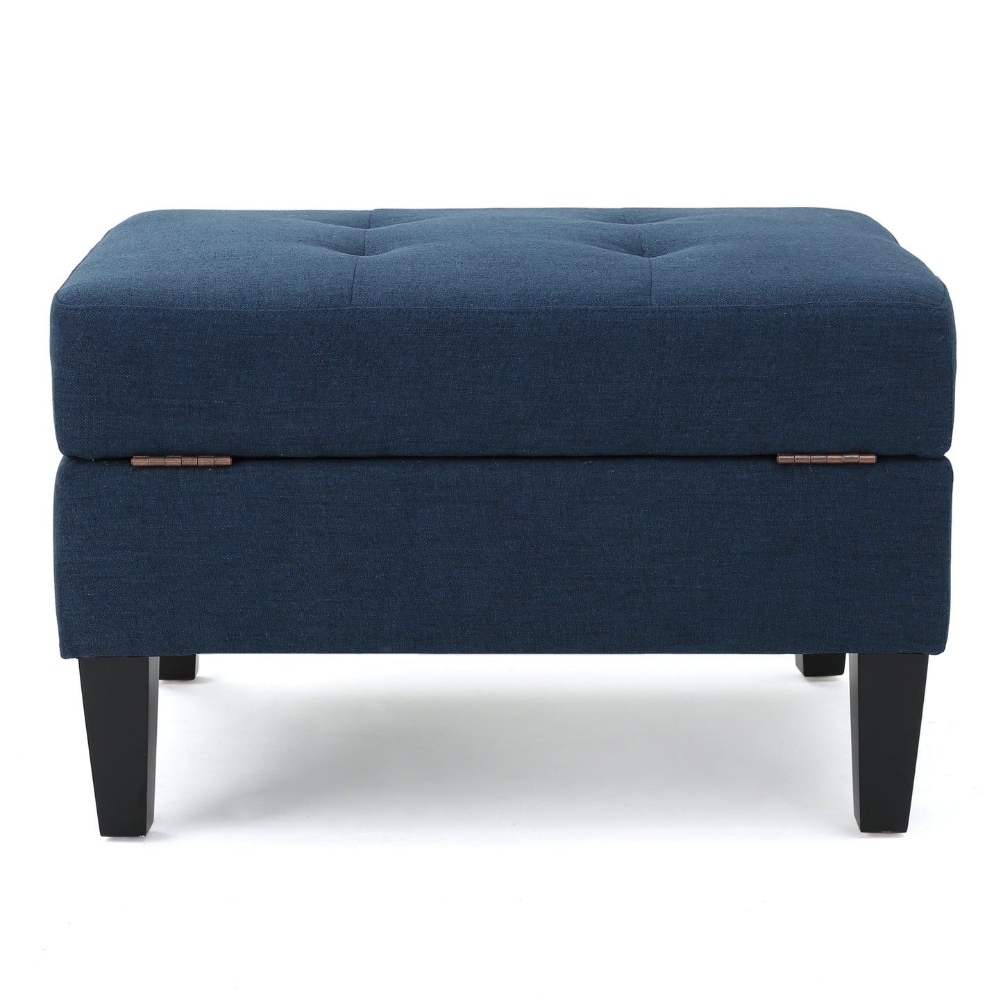 Deep blue fabric ottoman with tufted top and hidden storage