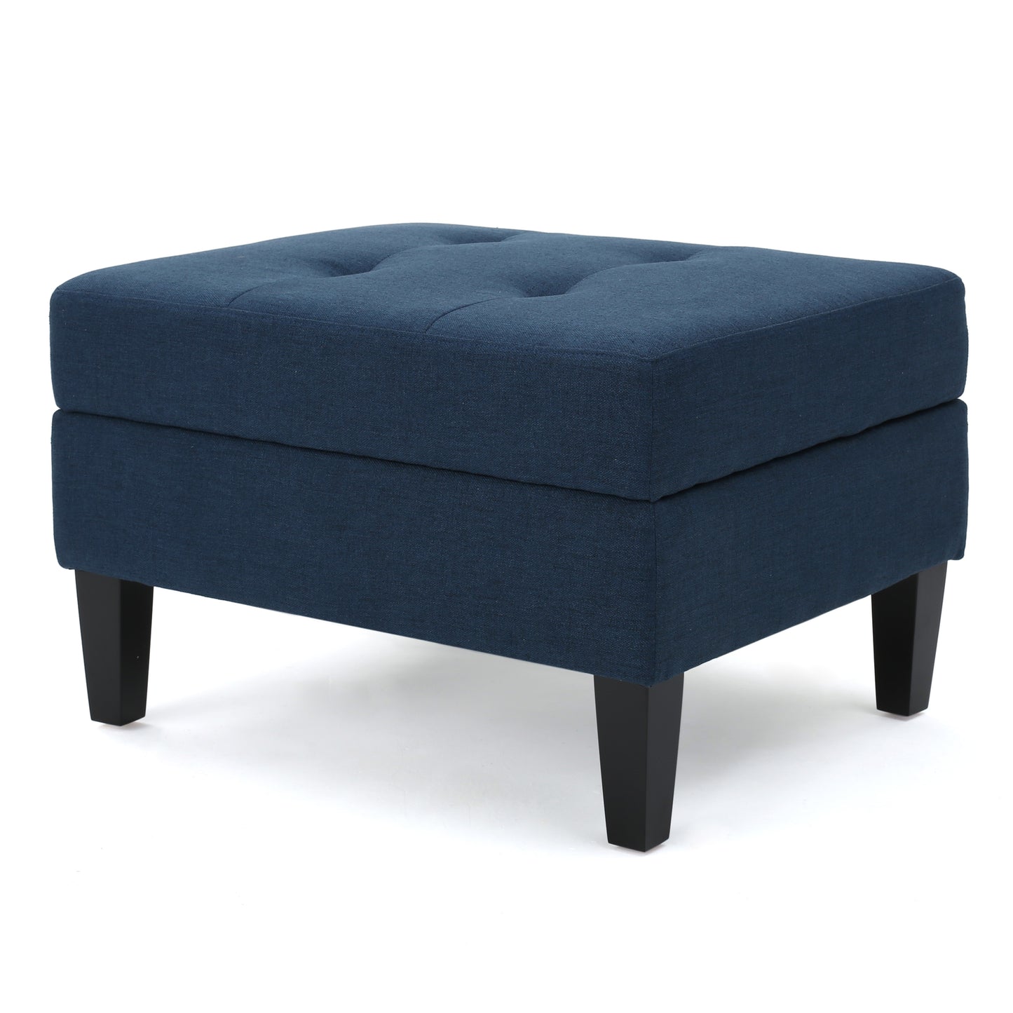 Tufted navy blue fabric storage ottoman with four tapered black legs
