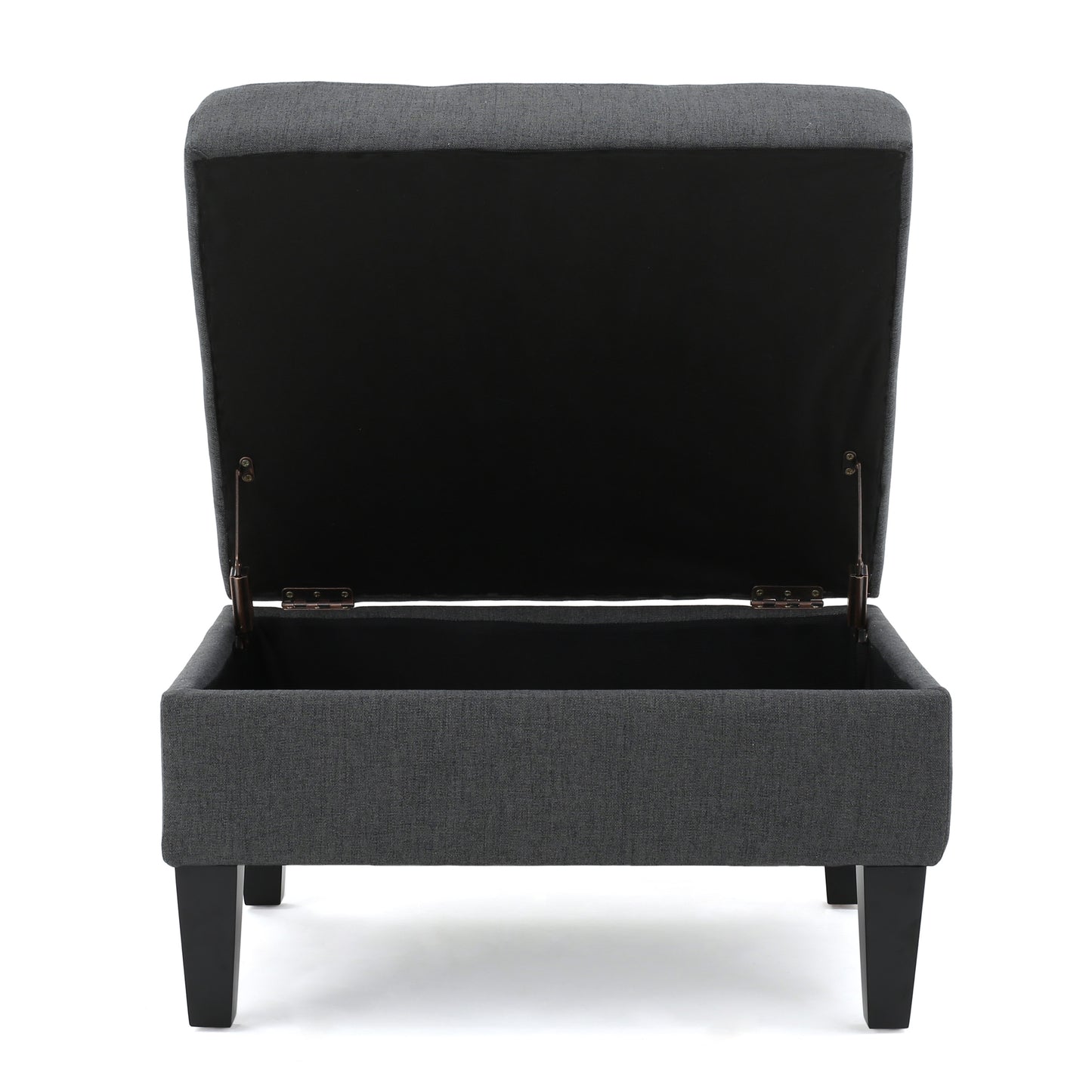 Dark grey fabric storage ottoman with hinged lid open to reveal storage space