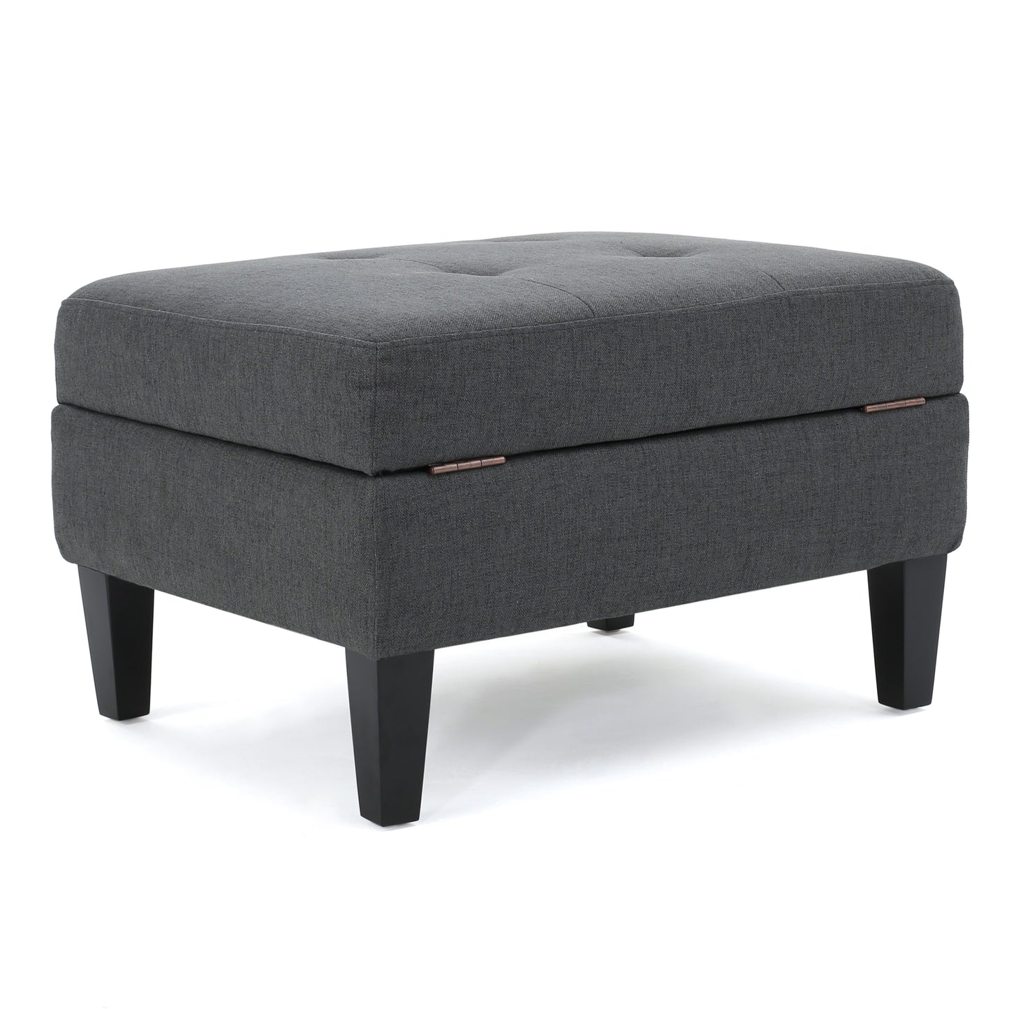 Dark gray tufted storage ottoman with black legs and subtle hinge detail for contemporary living rooms
