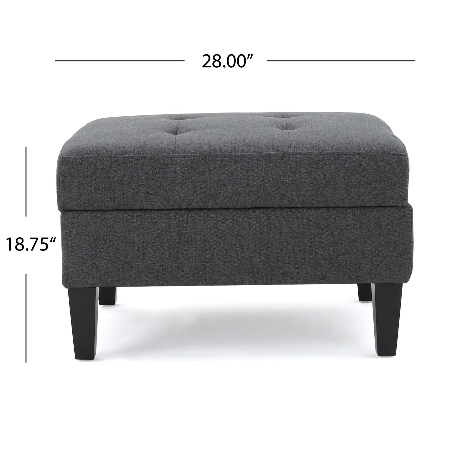 Tufted grey fabric storage ottoman with dark wood legs