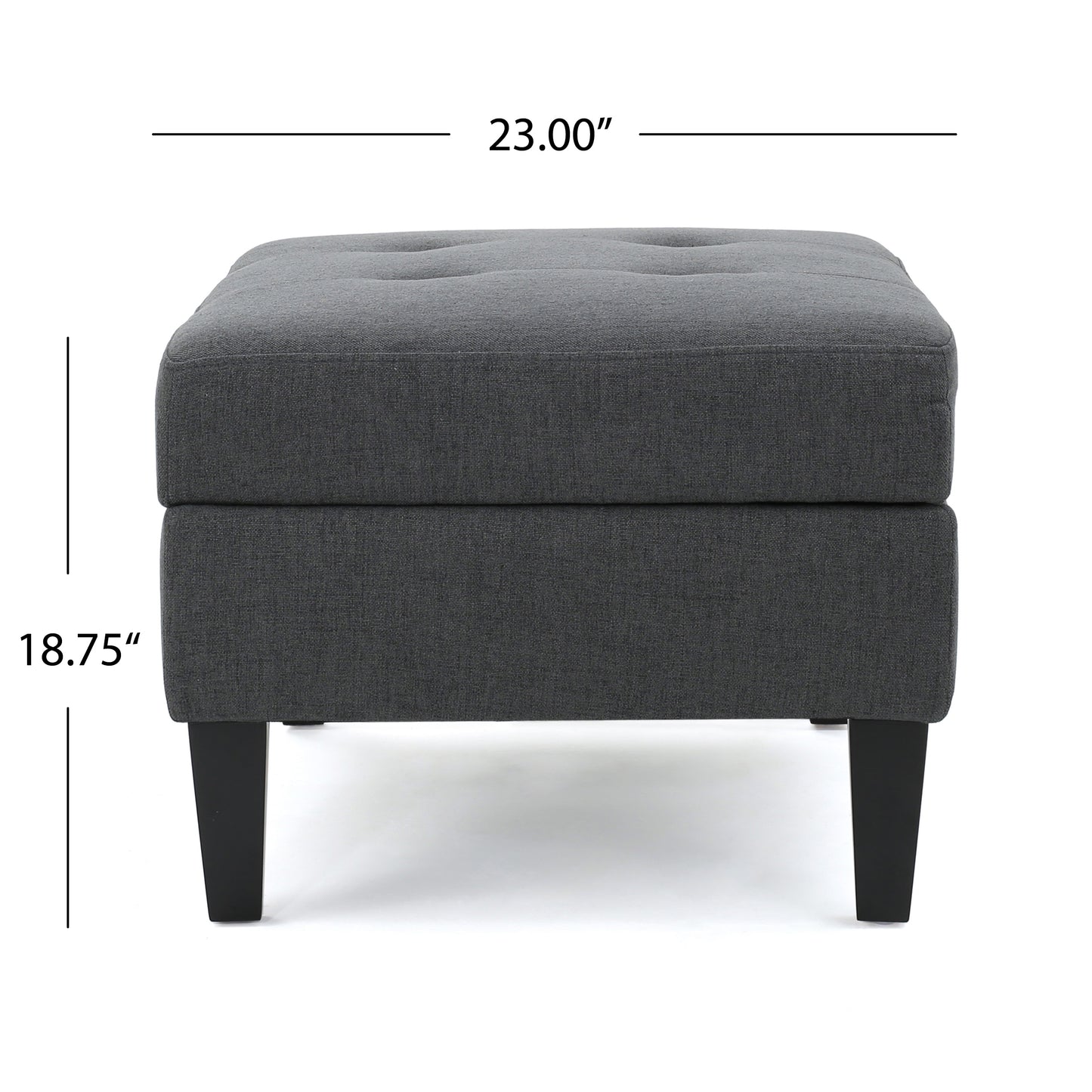 Tufted dark grey fabric ottoman with tapered black legs