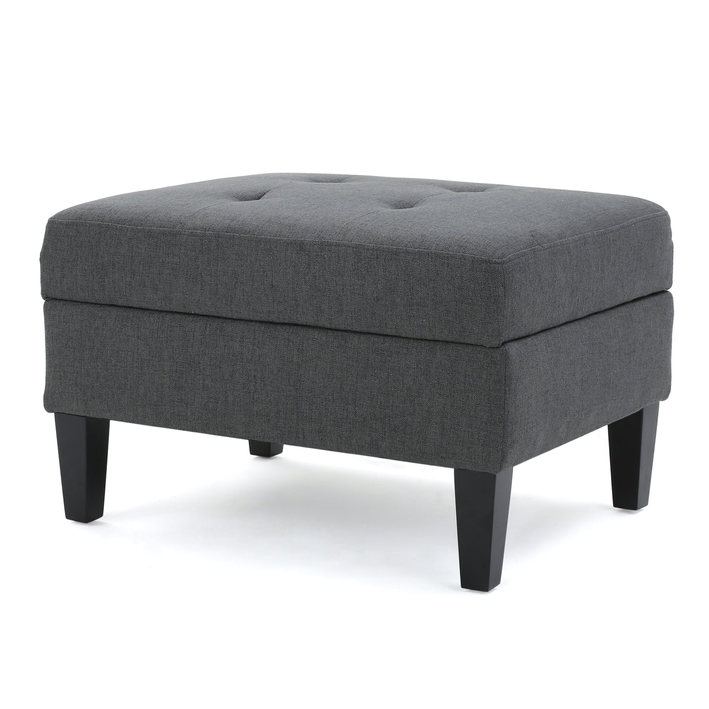 Tufted charcoal fabric storage ottoman with dark wooden legs