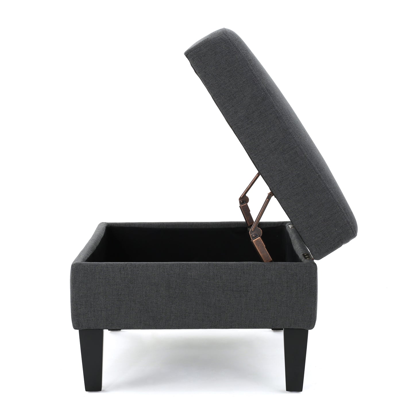 Dark grey fabric storage ottoman with lid open