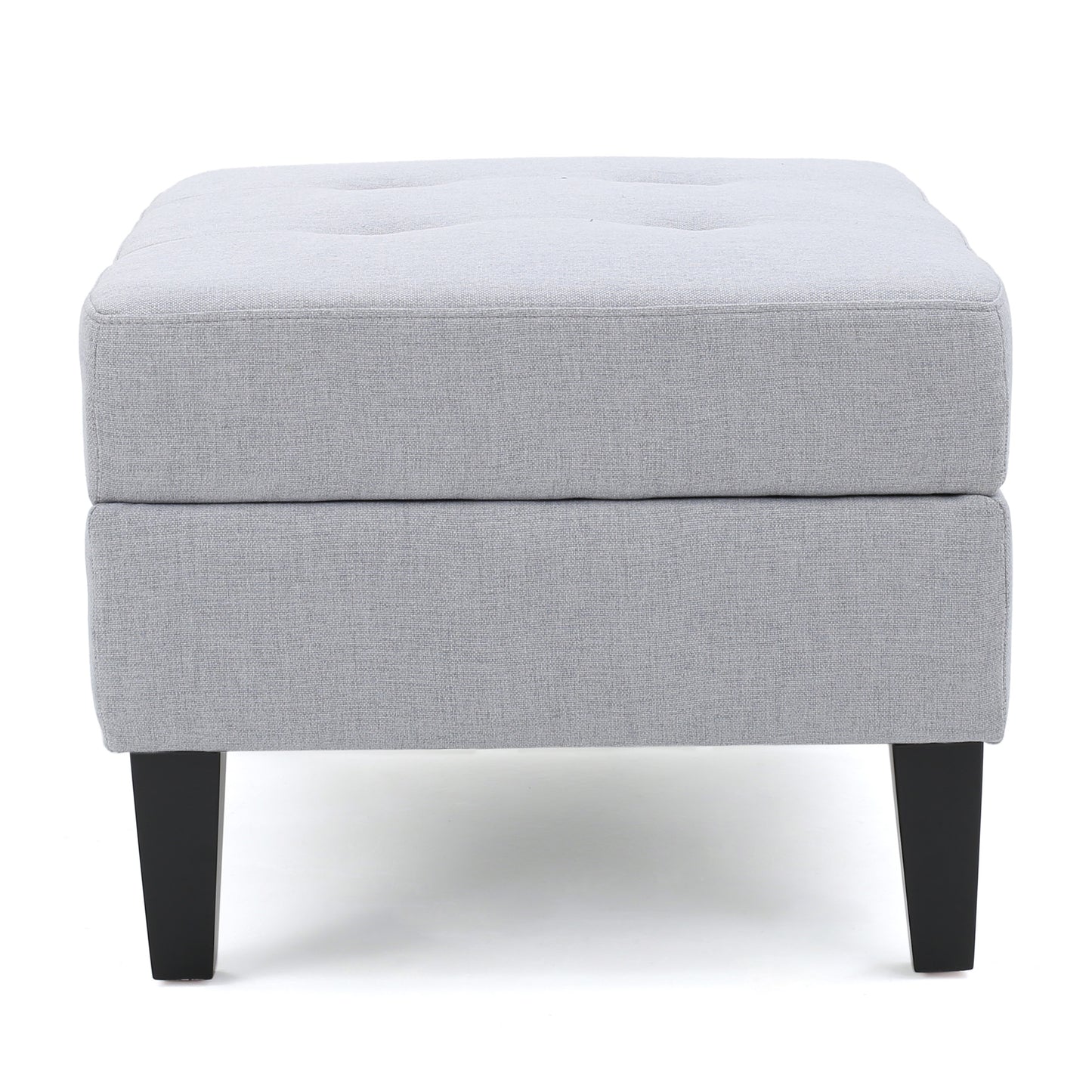 Tufted grey fabric storage ottoman with black tapered legs