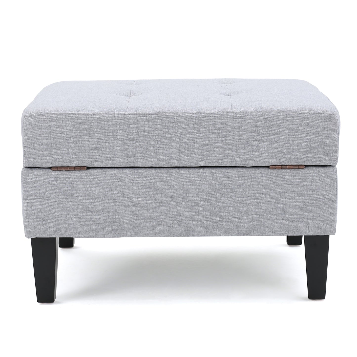 Tufted grey fabric storage ottoman with dark wooden legs