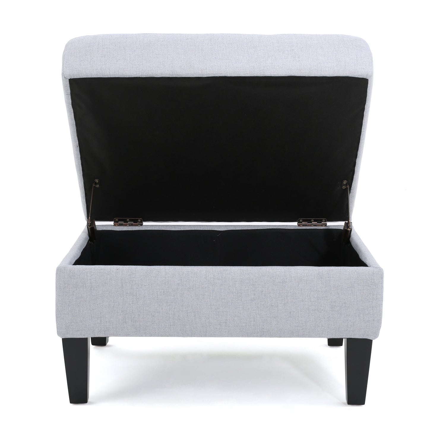 Light grey fabric storage ottoman with open lid and black interior